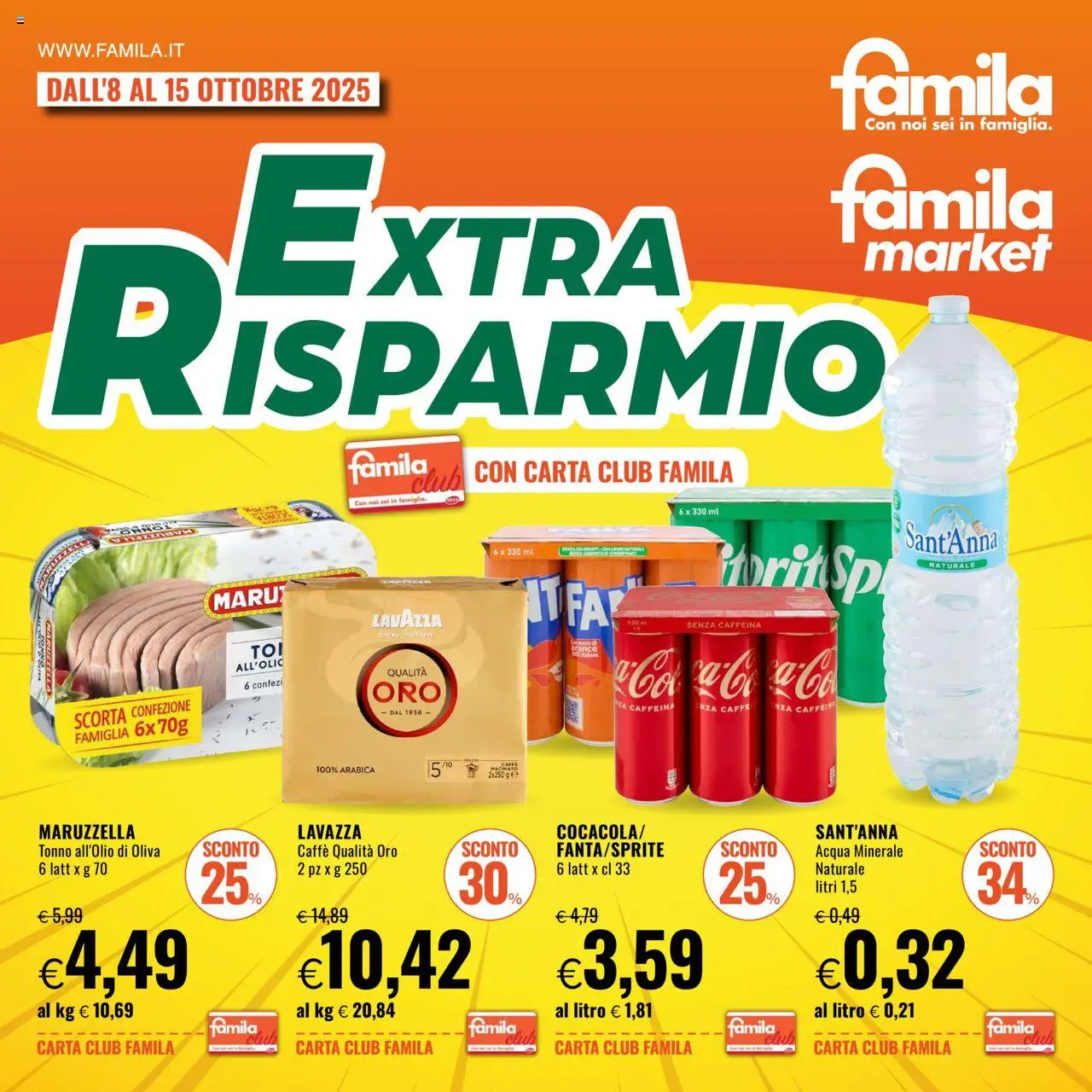 Volantino Famila del 08.10.2025 | Pagina: 1 | Prodotti: Caffè, Acqua, Tonno, Acqua minerale