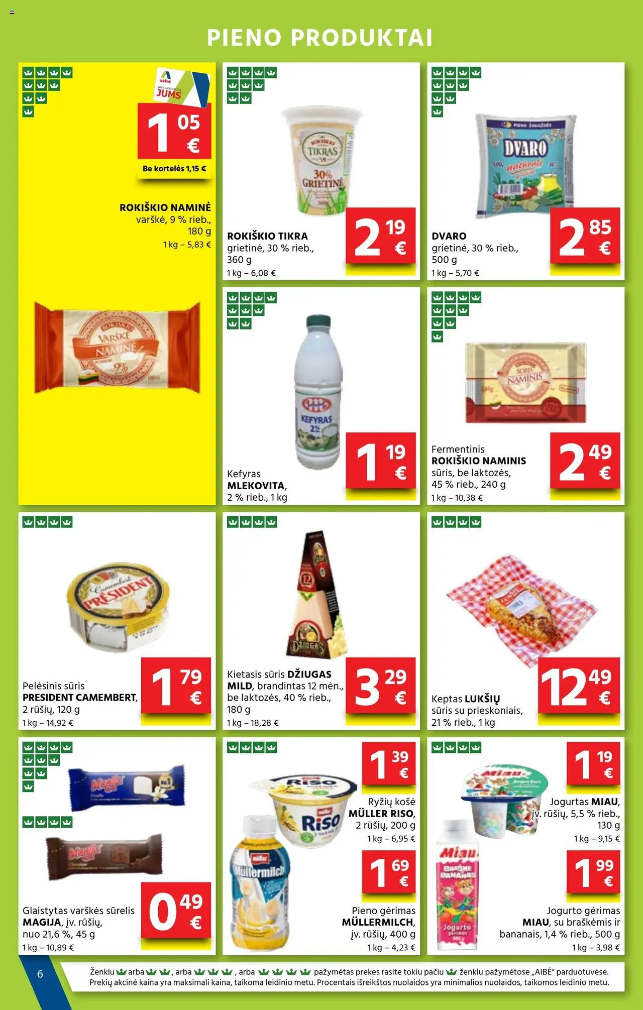 AIBE akcijos nuo 02.10.2025 | Puslapis: 6 | Prekių: Pelėsinis sūris, Sūrelis, Jogurtas, Sūris