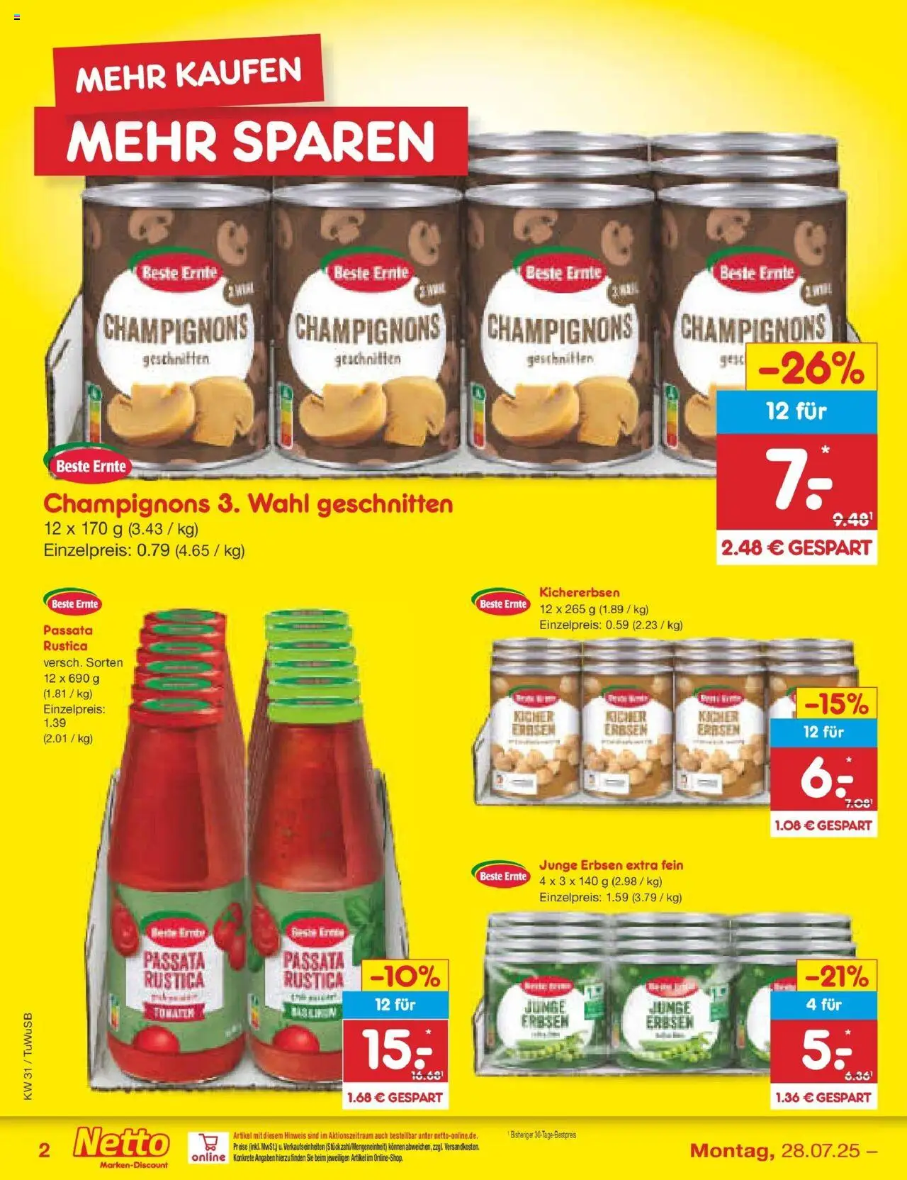 Netto Marken-Discount prospekt Calw-Stammheim	 - gültig ab dem 27.07.2025 | Seite: 38 | Produkte: Champignons, Erbsen