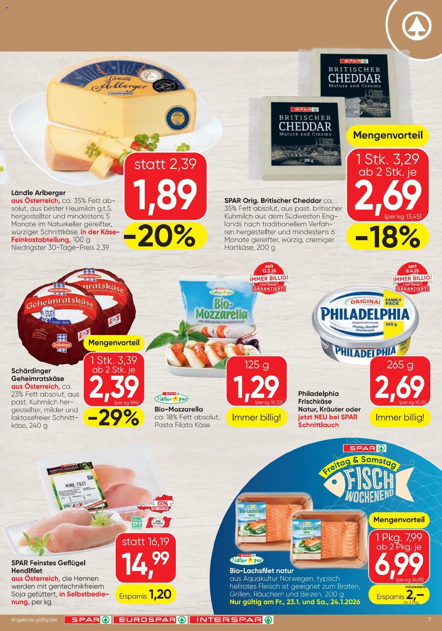 Spar Flugblatt gültig ab 22.01.2026 | Seite: 7 | Produkte: Pasta, Käse, Fisch