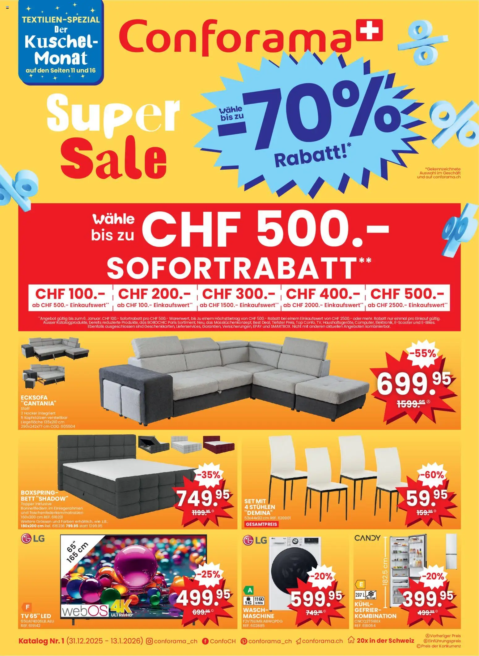 Conforama Aktionen – gültig ab 31.12.2025 | Seite: 1 | Produkte: Hocker, Topper, TV, Ecksofa