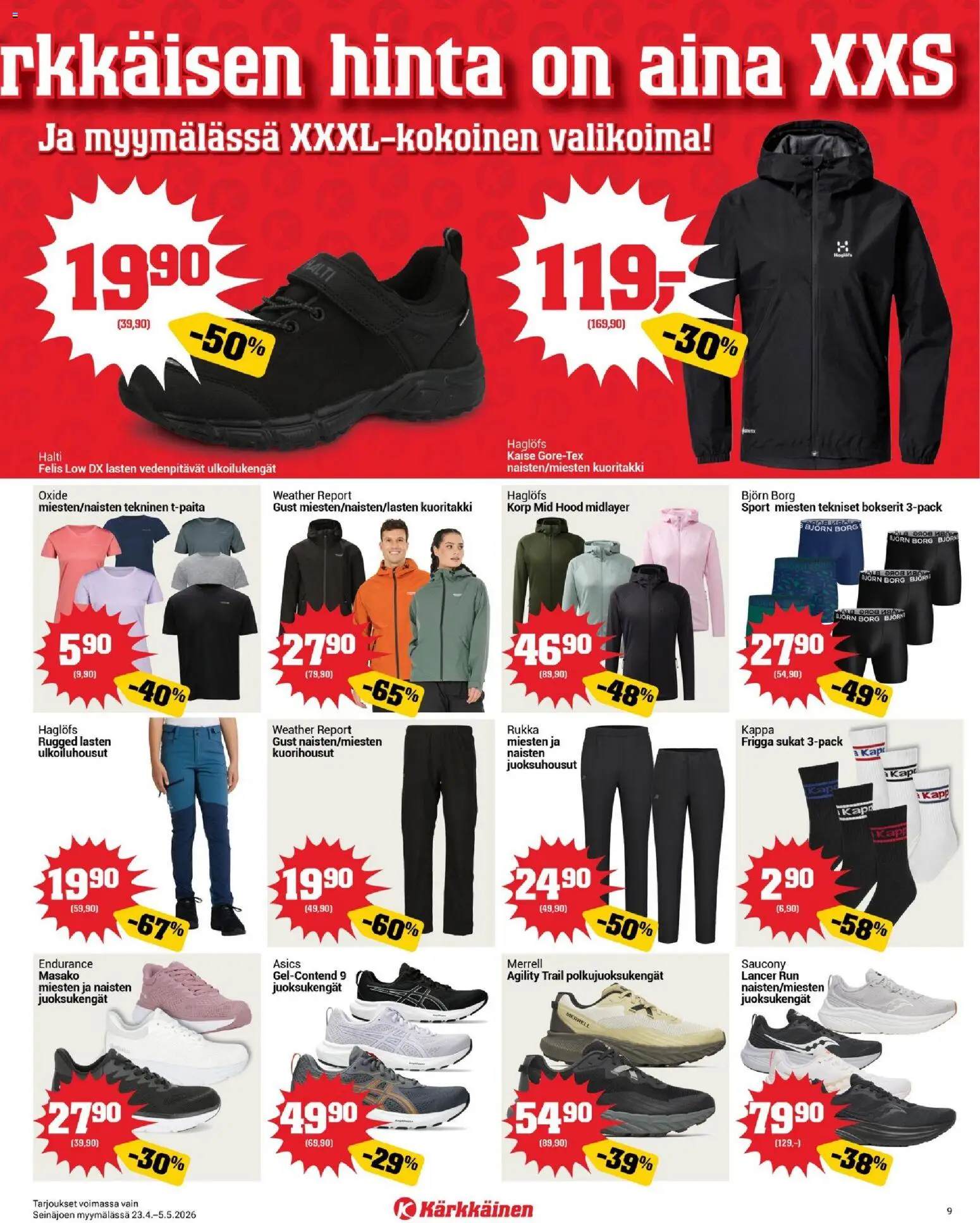 Kärkkäinen tarjoukset - Seinäjoen alue – voimassa 23.04.2026 alkaen | Sivu: 9 | Tuotteet: Sukat, Bokserit, Kuoritakki