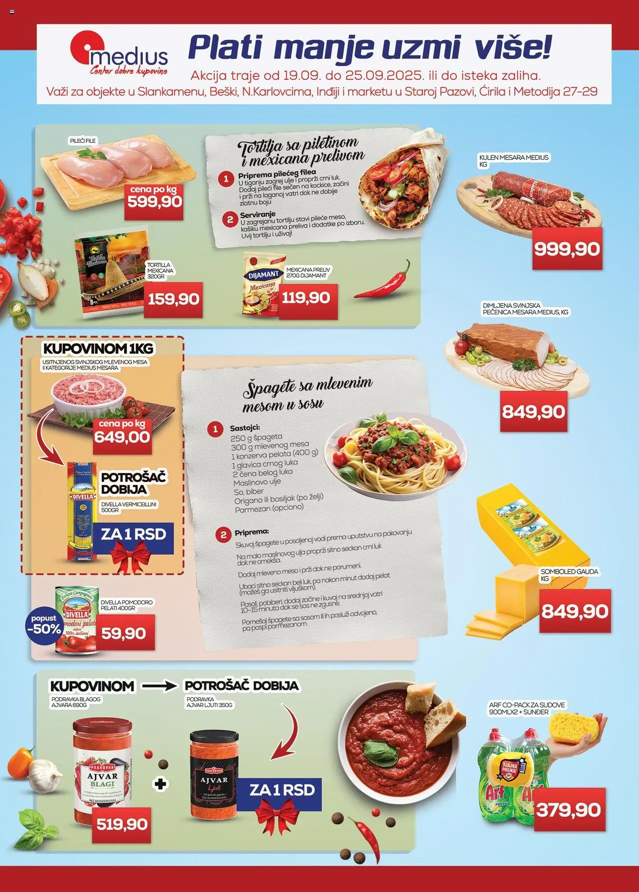 Medius katalog - važi od 19.09.2025 | Strana: 1 | Proizvode: Mleveno meso, Ajvar, Pileći file, Maslinovo ulje