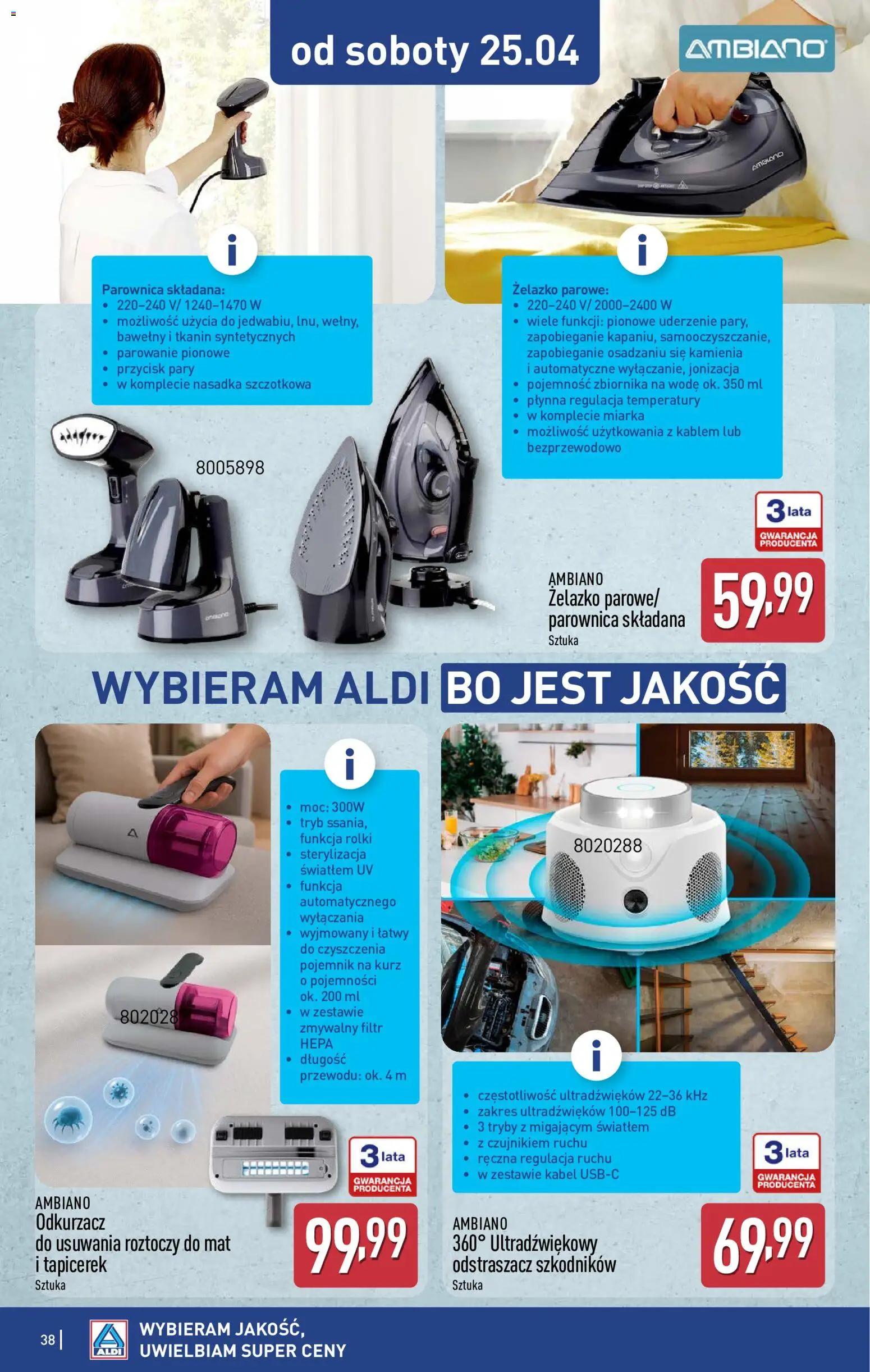 Aldi gazetka od 20.04.2026 | Strona: 38 | Produkty: Kabel, Rolki, Odkurzacz, Parownica