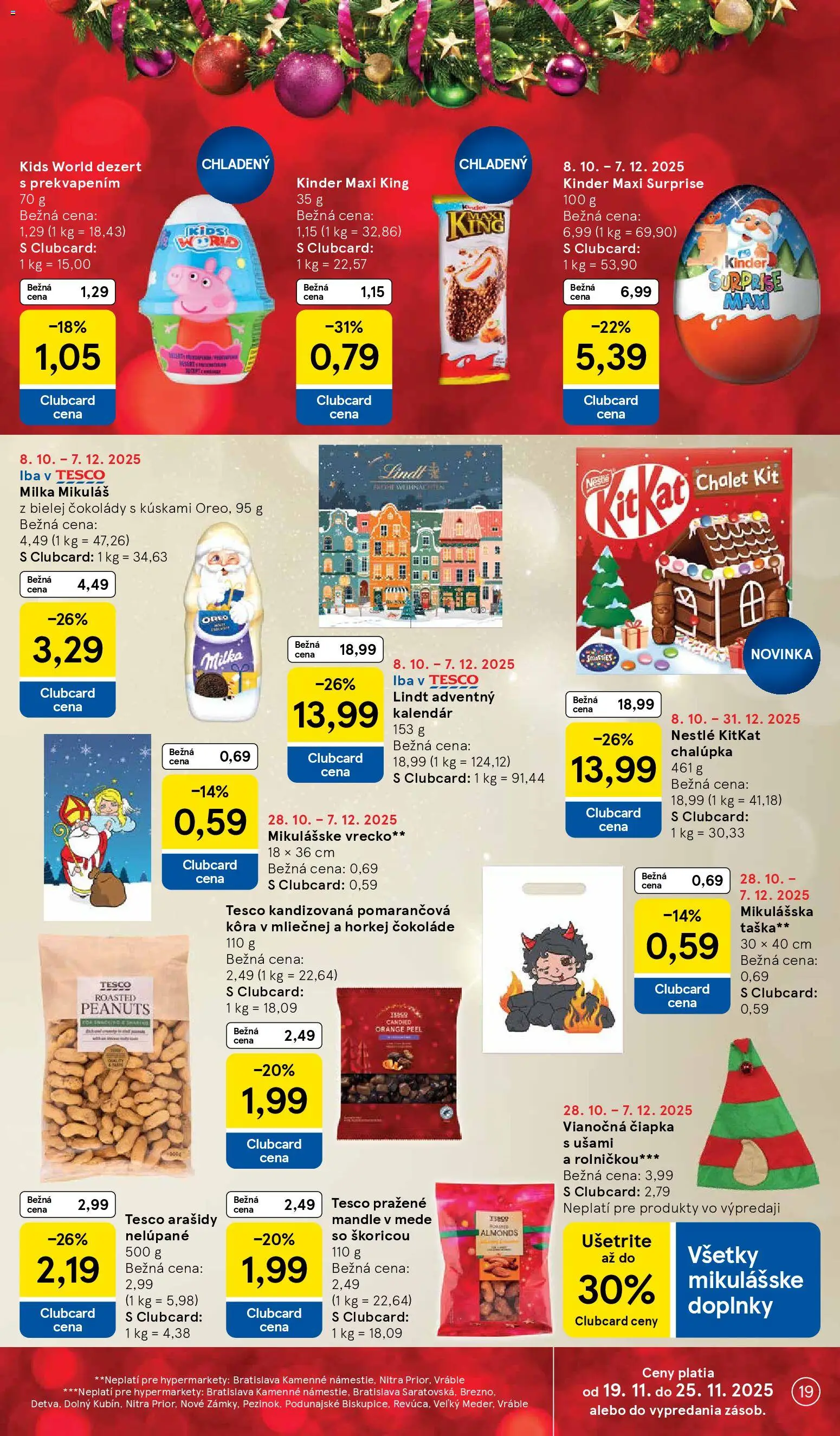Nové Tesco akcie – leták je platný od 19.11.2025 | Strana: 19 | Produkty: Lindt, Milka, Arašidy, Mandle