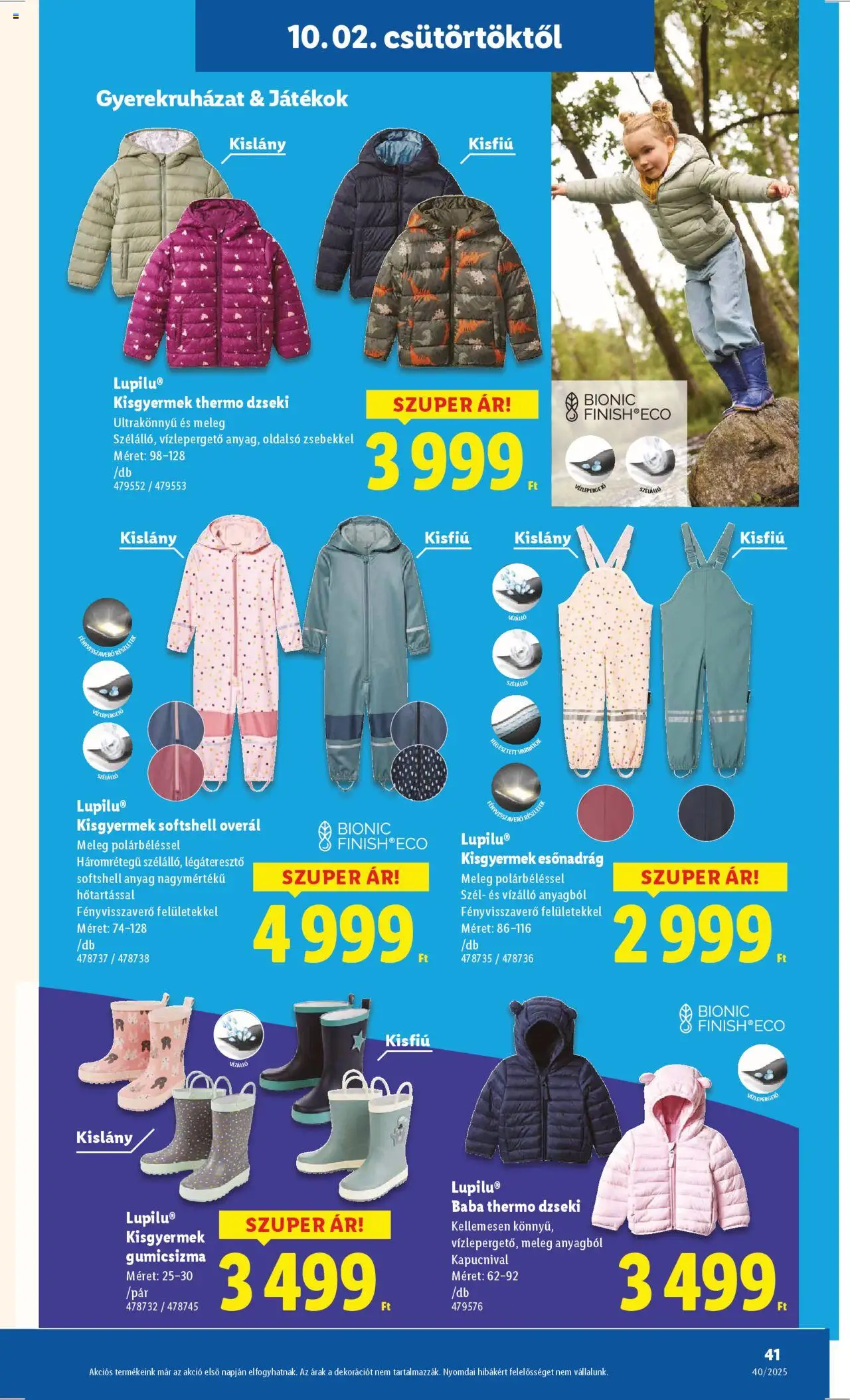 Lidl akciós ujság - amely érvényes a következő dátumtól: 02.10.2025 | Oldal: 41 | Termékek: Gumicsizma, Esőnadrág, Dzseki, Overál