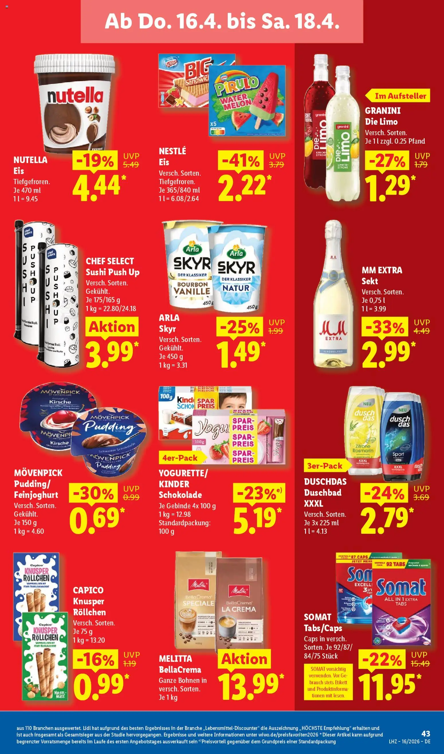 Lidl Prospekt – gültig ab 13.04.2026 | Seite: 65 | Produkte: Melitta, Sekt, Nutella, Duschdas