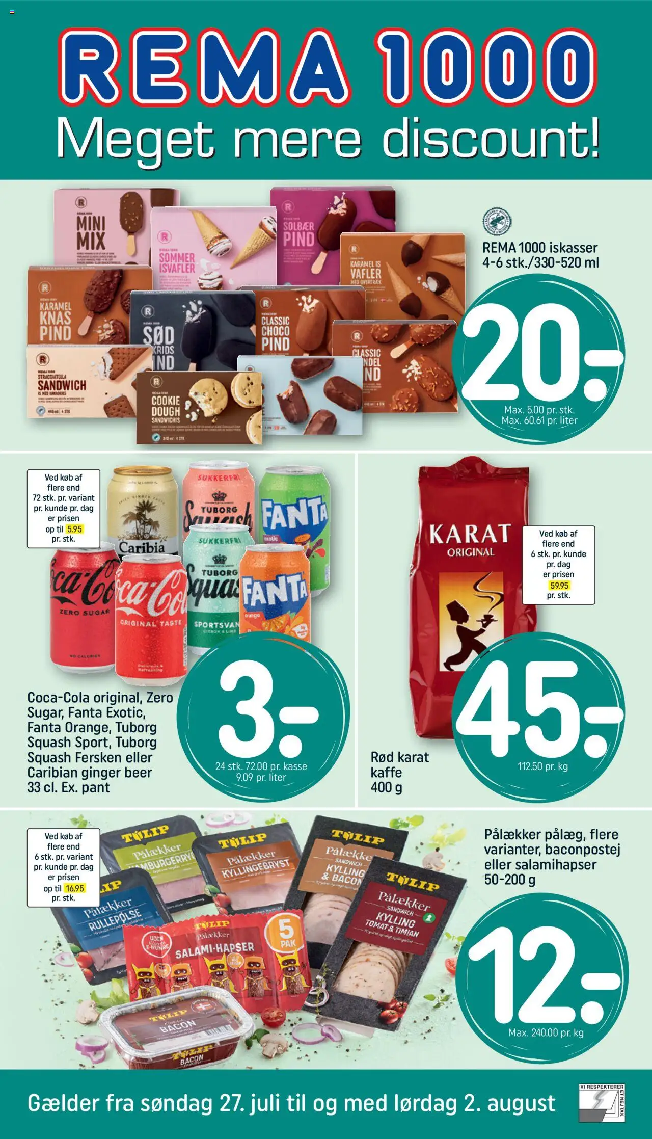Rema 1000 Tilbudsavis gyldig fra 27.07.2025 | Side: 1 | Produkter: Kaffe, Isvafler, Cola, Timian