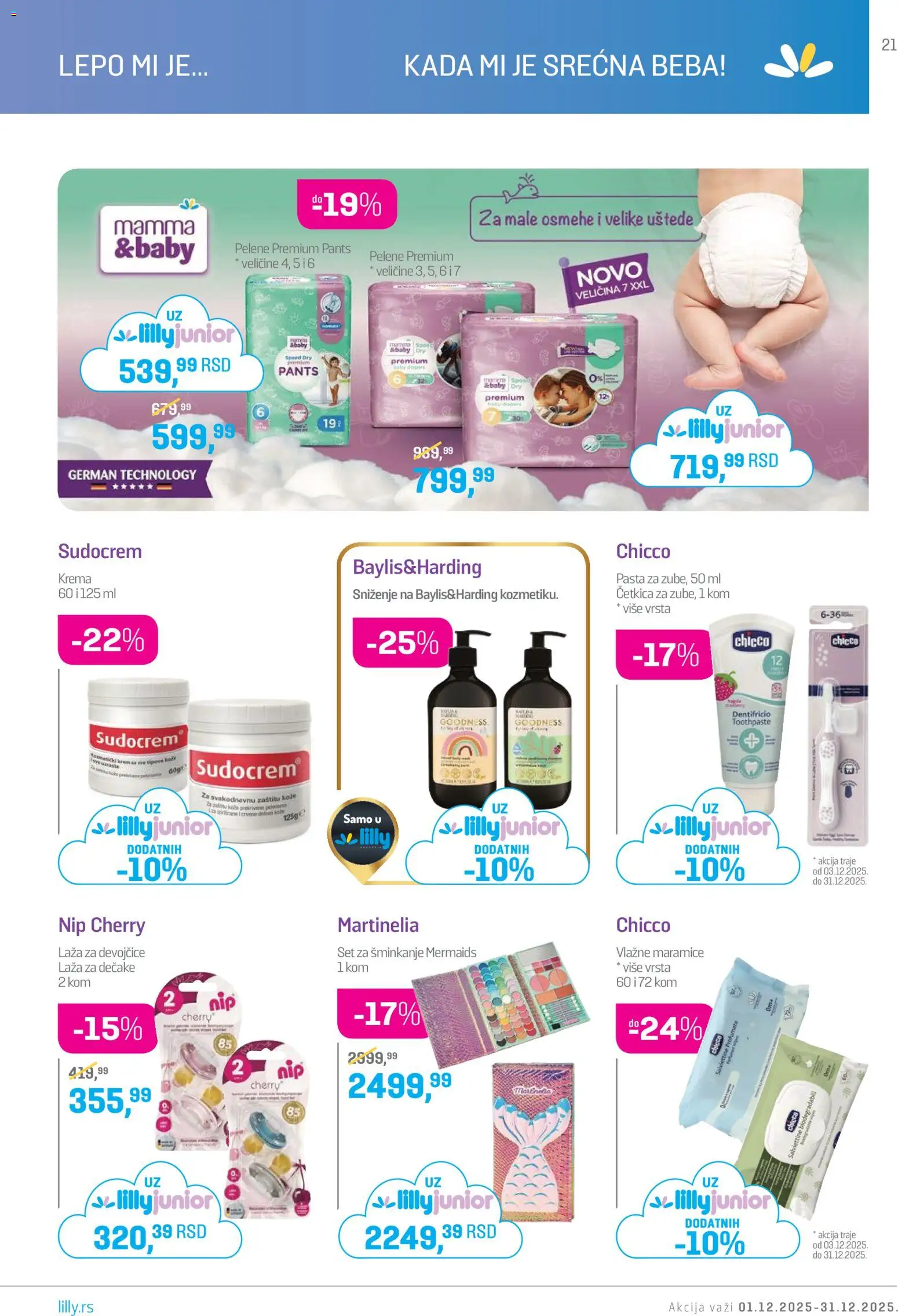 Lilly drogerie katalog - važi od 01.12.2025 | Strana: 21 | Proizvode: Krema, Vlažne maramice, Pelene