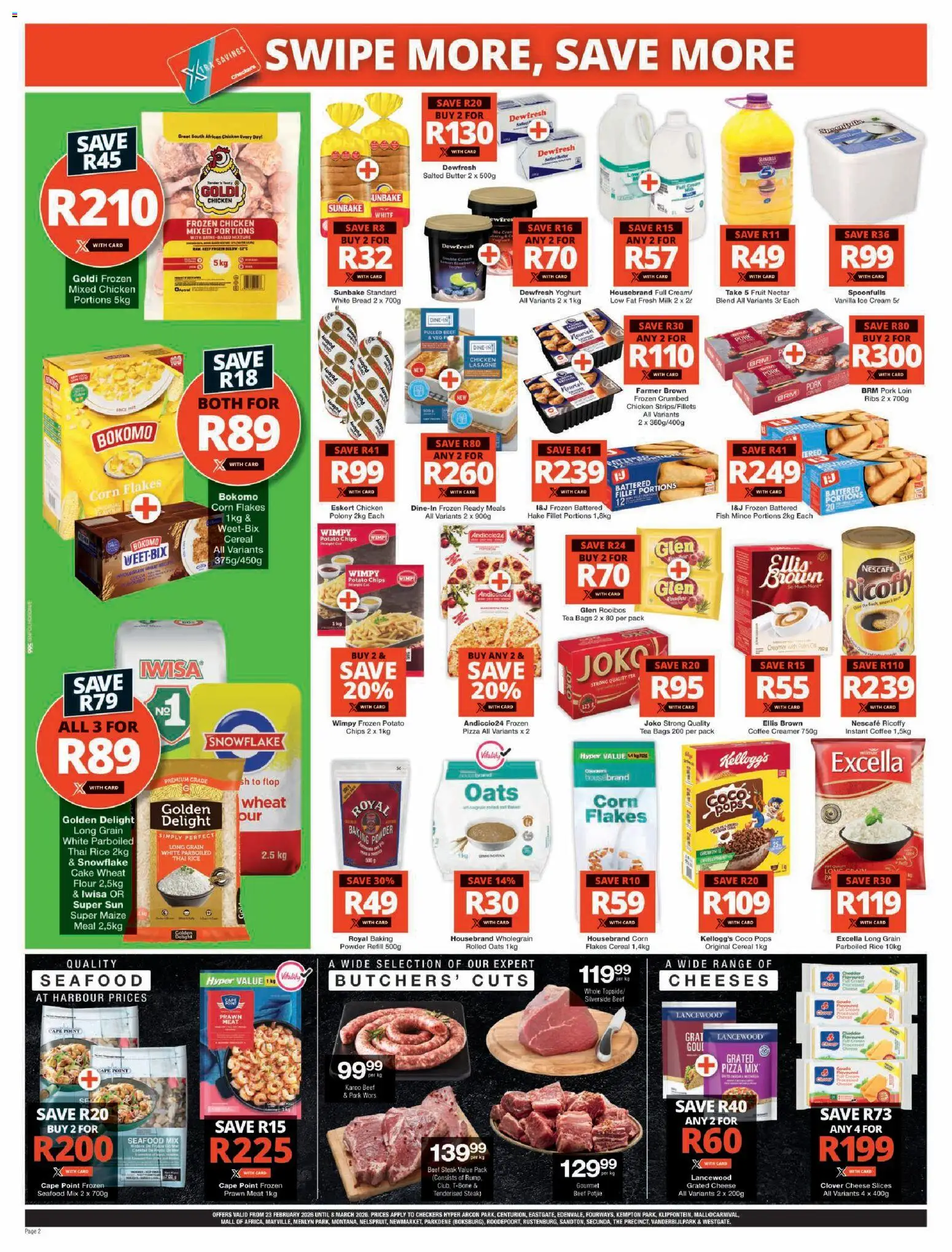 New Checkers catalogue – valid from 23.02.2026 | Page: 2 | Products: Cake, Pizza, Ice cream, Estuche organizador de viaje