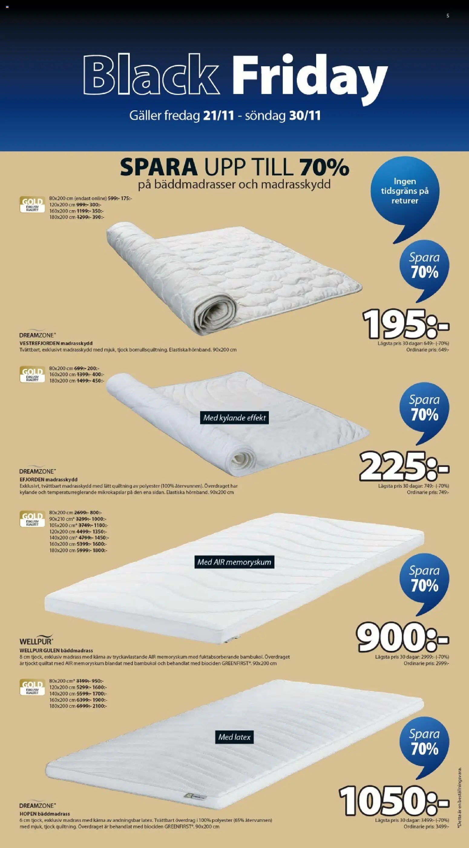 JYSK reklamblad aktuell från 21.11.2025 | Sida: 5 | Produkter: Bäddmadrass, Madrasskydd, Madrass, Galler