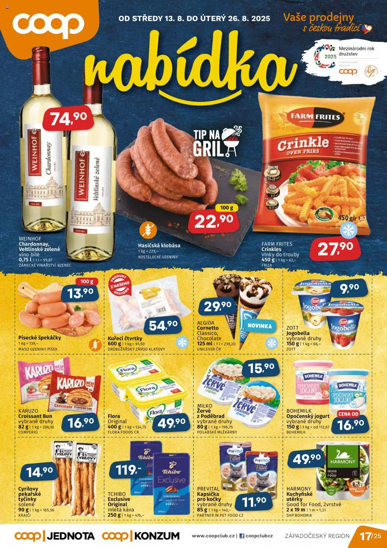Coop leták - Západočeský region od 13.08.2025 | Strana: 1 | Produkty: Kuřecí čtvrtky, Víno, Uzeniny, Mletá káva