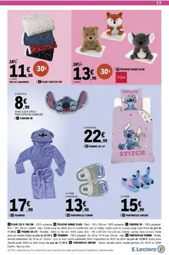 E.Leclerc - Prévisualisation de PARURE DE LIT, Modèles: Stitch ou Roi lion. 100% coton. Dim: 140 x 200 cm + 63 x 63 cm. Coloris: parme, blanc ou écru. Existe aussi en modèle Gabby au prix de 23,99 €. valide à partir de 02.12.2025 | Page: 77 | Produits: Peignoir, Peluche, Parure de lit, Lit