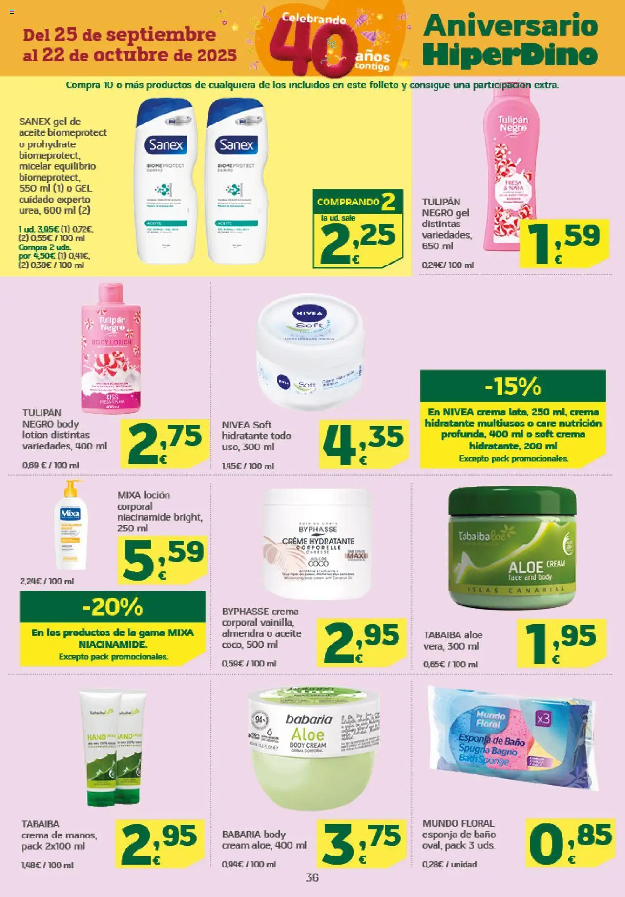 HiperDino folleto │ válido desde el 09.10.2025 | Página: 36 | Productos: Esponja, Loción corporal, Τυρόπιτα, Body