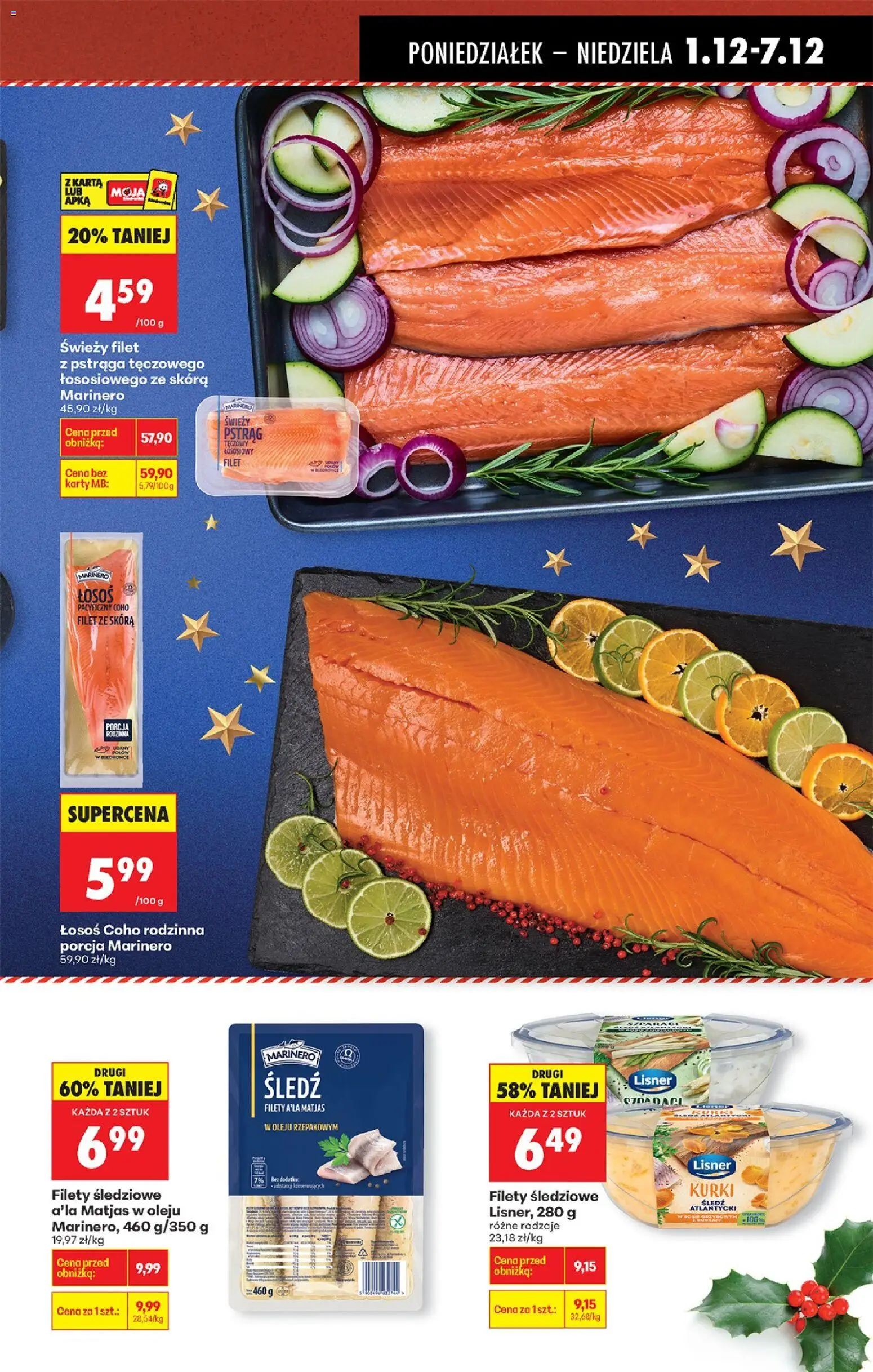 Biedronka gazetka od 01.12.2025 | Strona: 45 | Produkty: Karta, Pstrąg tęczowy, Śledź, Filety śledziowe a'la matjas