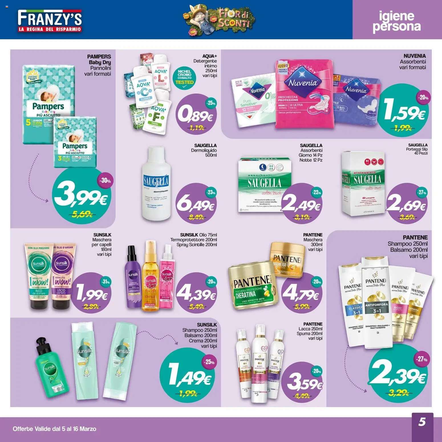 Volantino Franzy's del 05.03.2026 | Pagina: 5 | Prodotti: Shampoo, Detergente, Intimo, Slip
