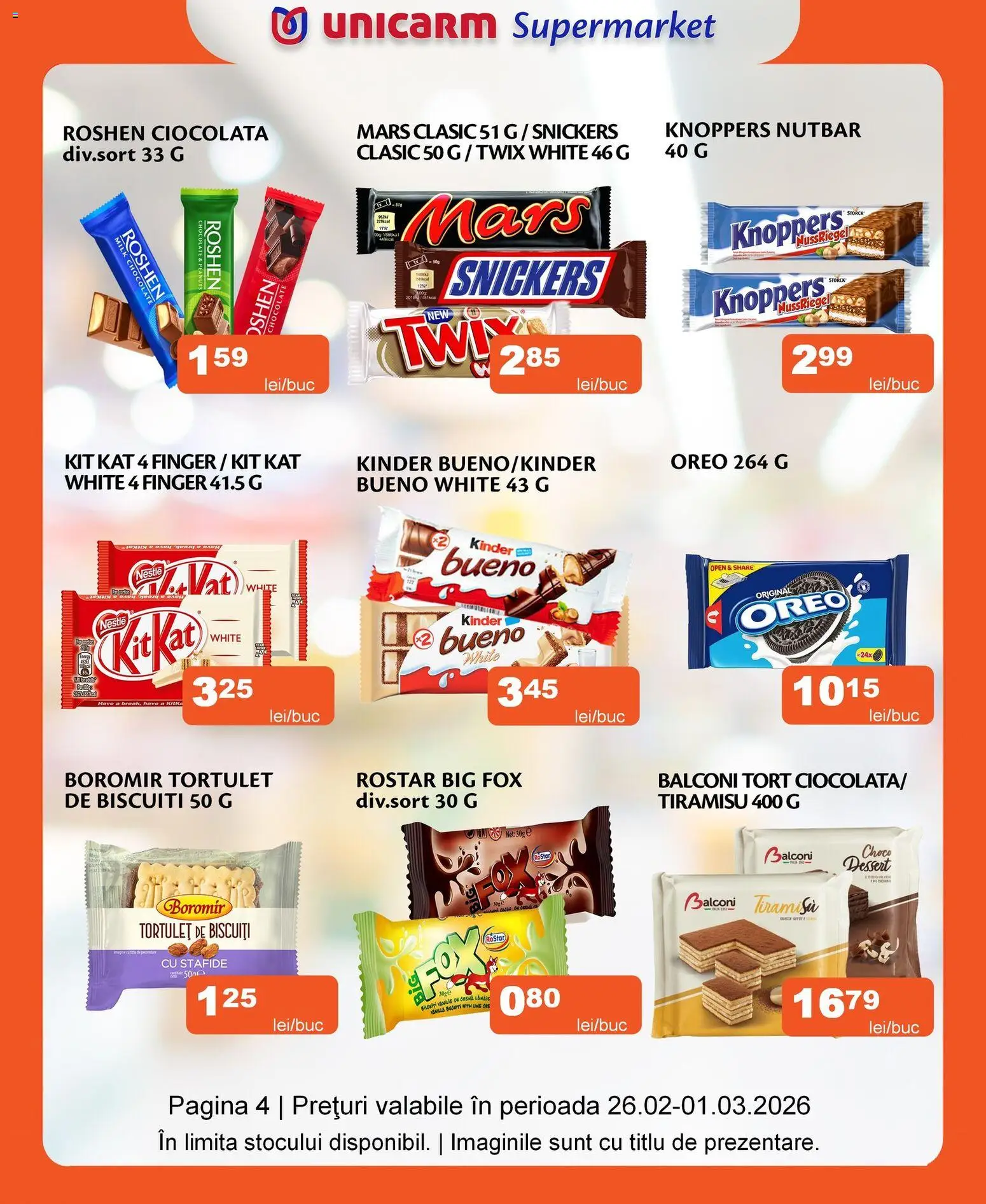 Noul catalog Unicarm – valabil de la 26.02.2026 | Pagină: 6 | Produse: Tort, Ciocolată, Biscuiți, Stafide