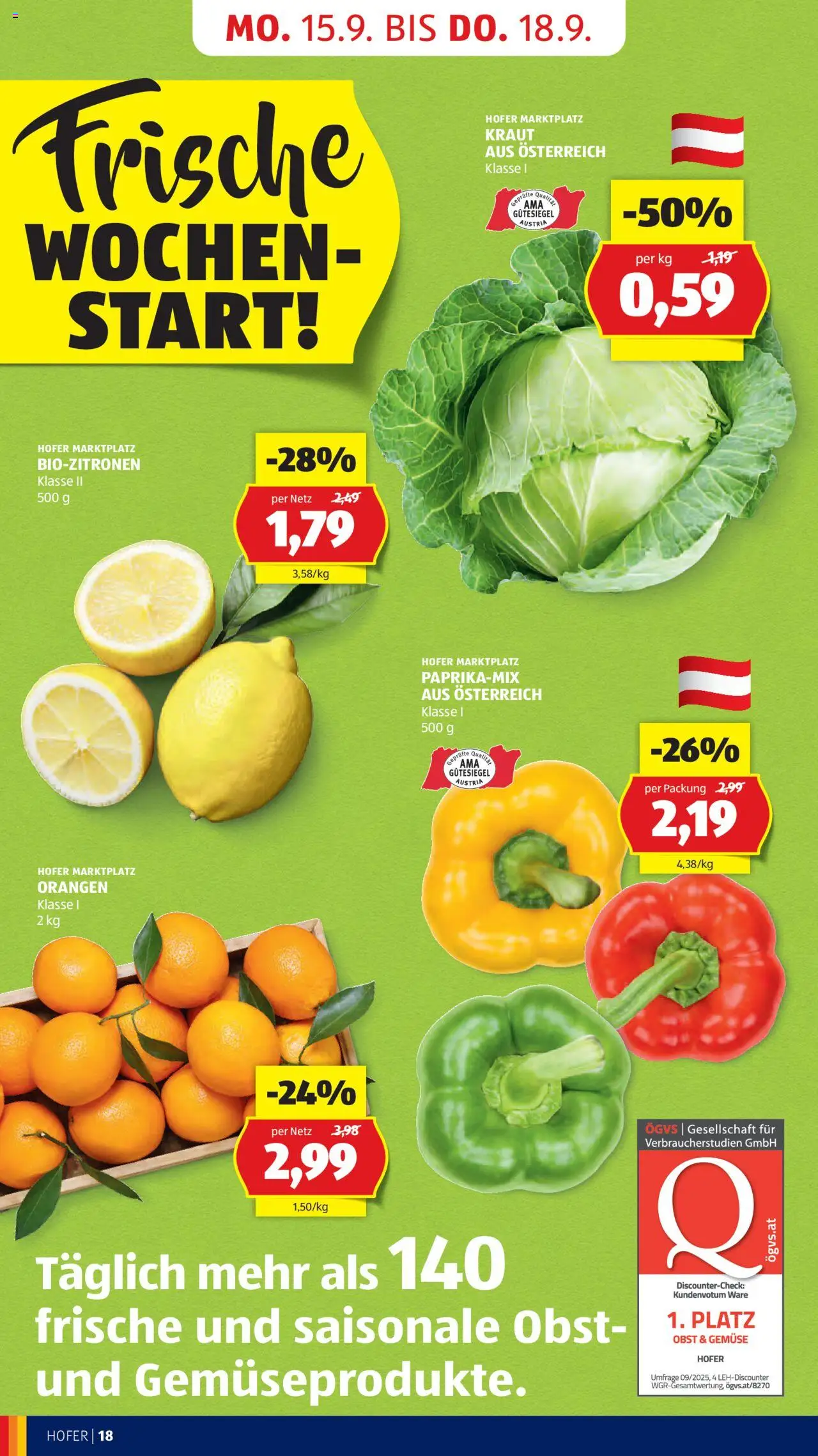 Hofer Flugblatt gültig ab 12.09.2025 | Seite: 20 | Produkte: Gemüse, Obst, Kraut, Orangen
