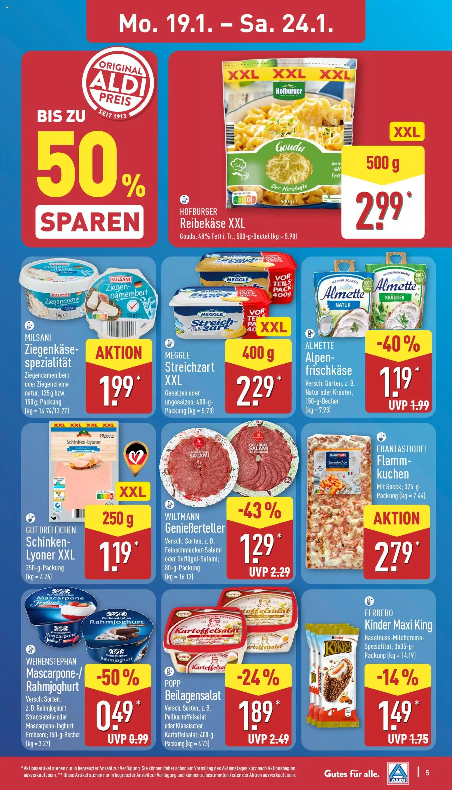 Aldi Prospekt 	 – gültig ab 19.01.2026 | Seite: 5 | Produkte: Almette, Ziegenkäse, Kuchen, Reibekase