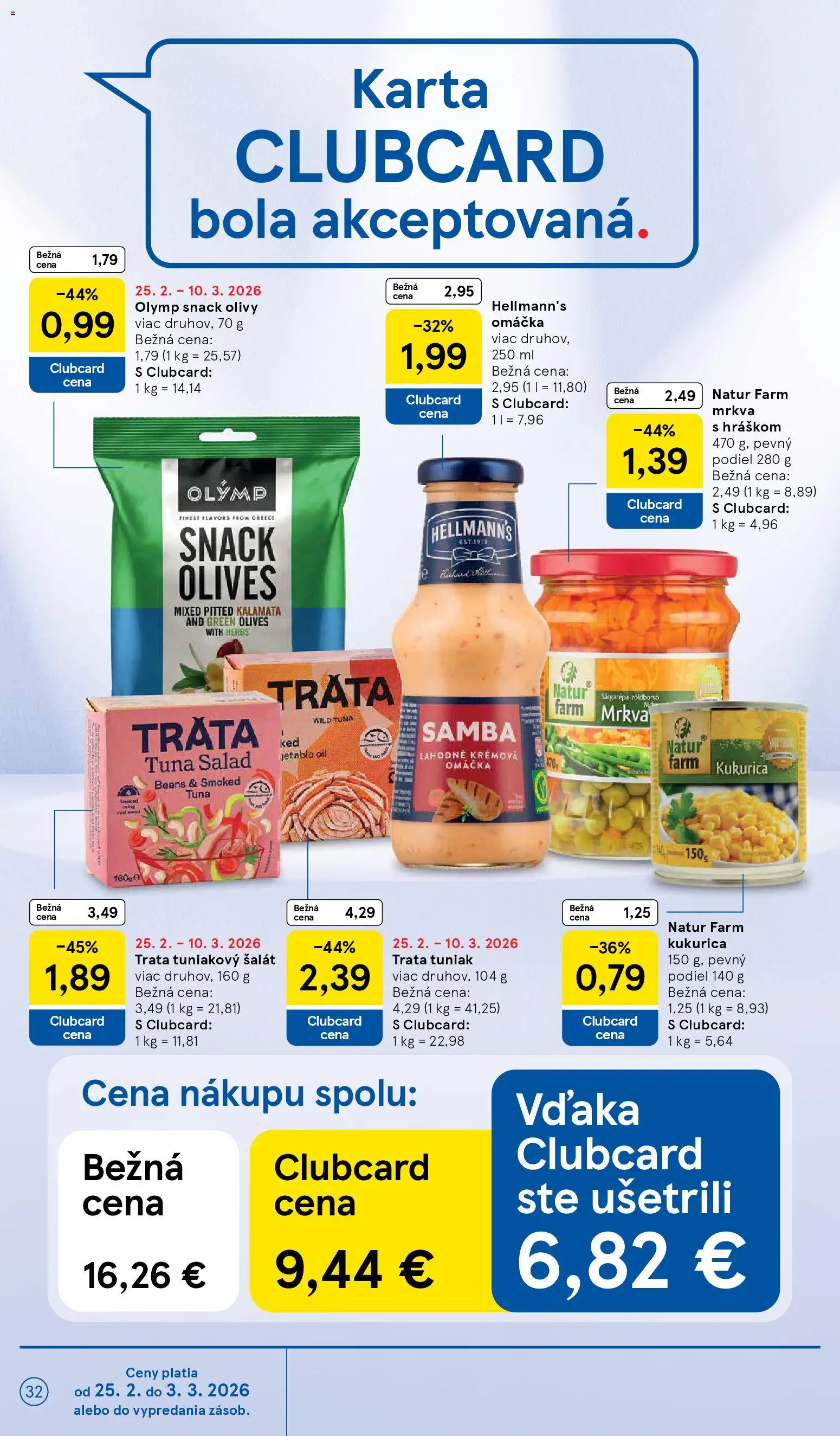 Nové Tesco akcie – leták je platný od 25.02.2026 | Strana: 32 | Produkty: Tuniak, Mrkva, Šalát, Omáčka