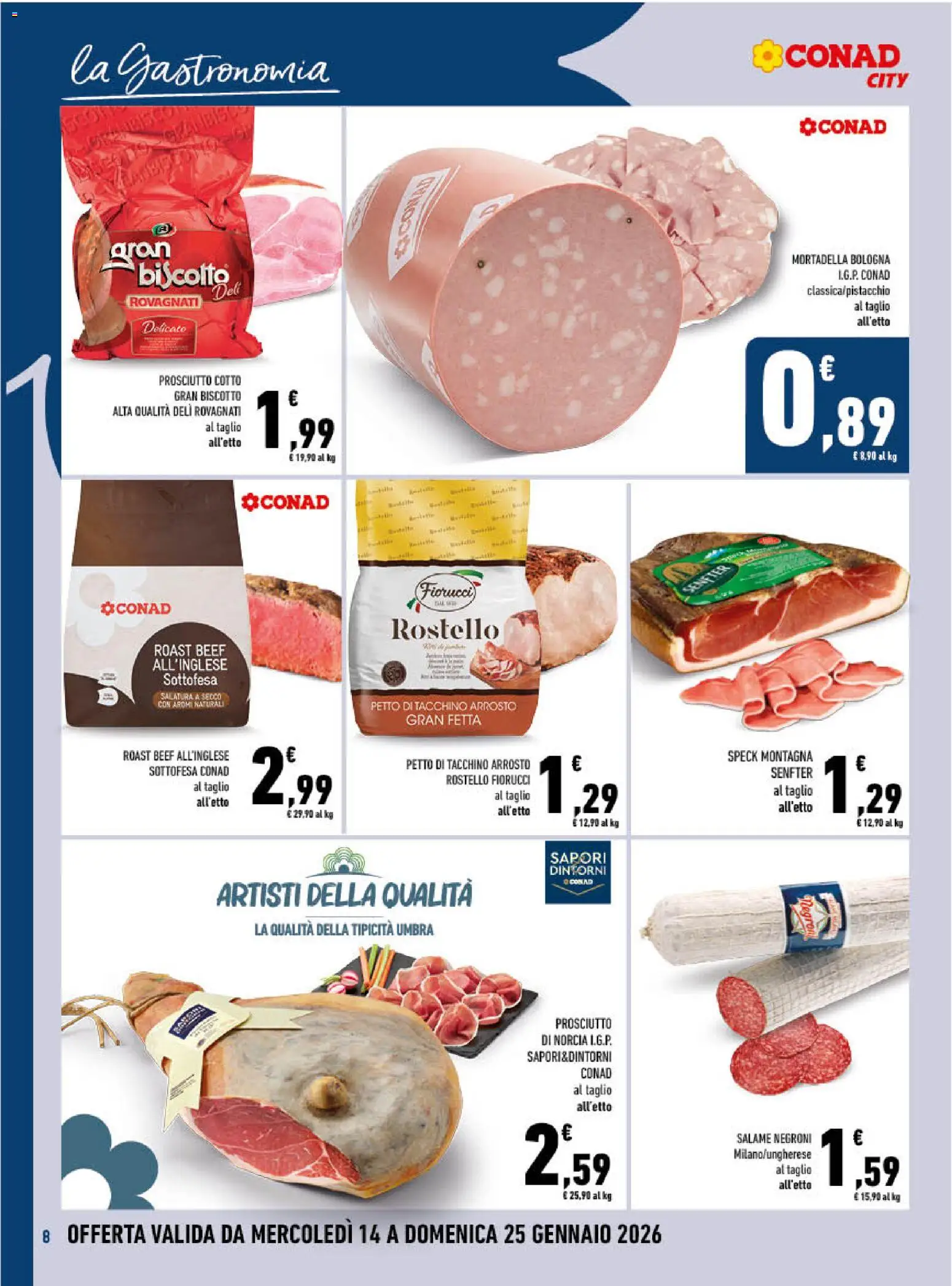 Volantino Conad del 14.01.2026 | Pagina: 8 | Prodotti: Speck, Salame, Prosciutto, Mortadella