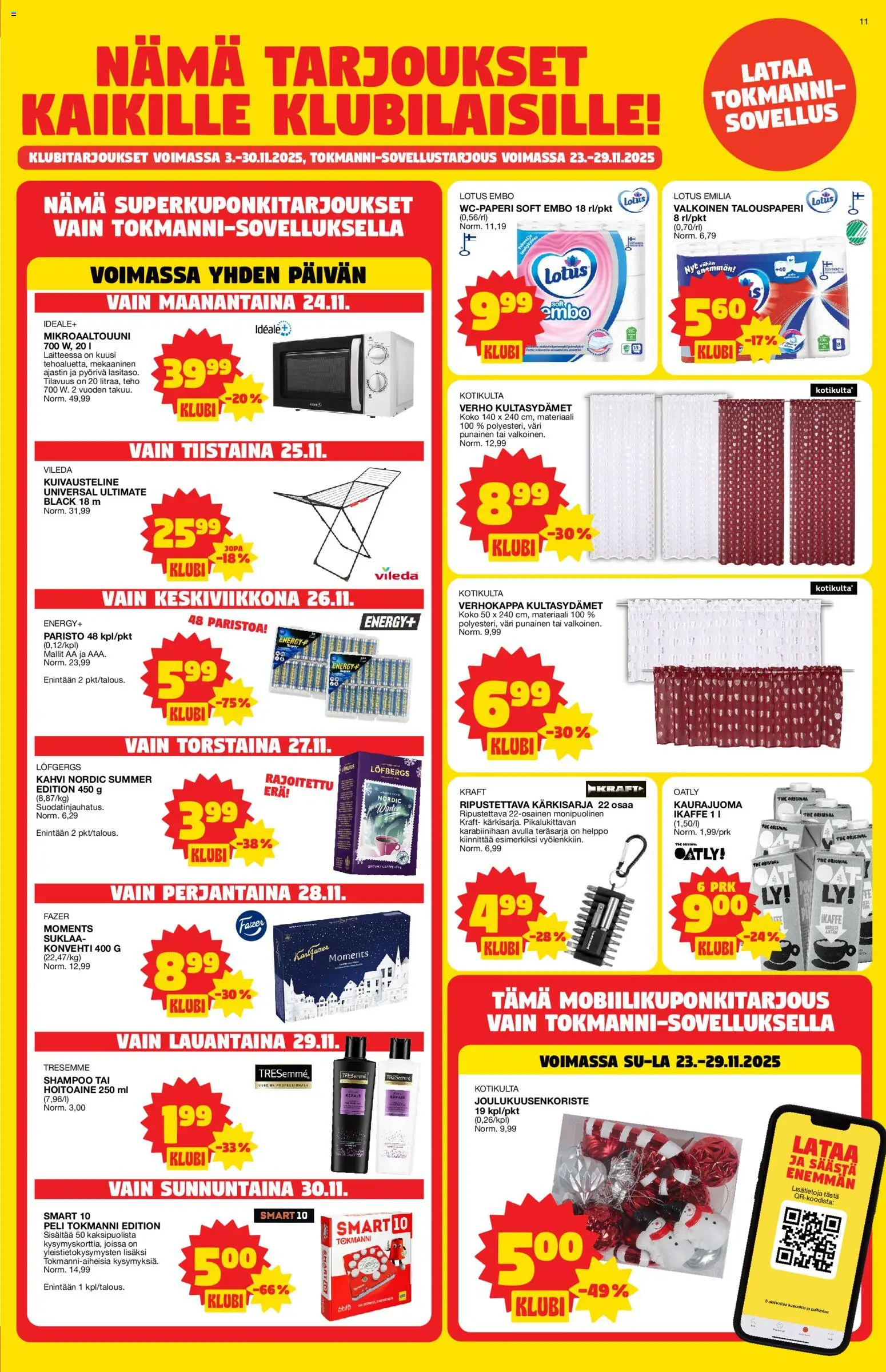 Tokmanni - Black Friday – voimassa 24.11.2025 alkaen | Sivu: 11 | Tuotteet: Hoitoaine, Wc-paperi, Kaurajuoma, Peli