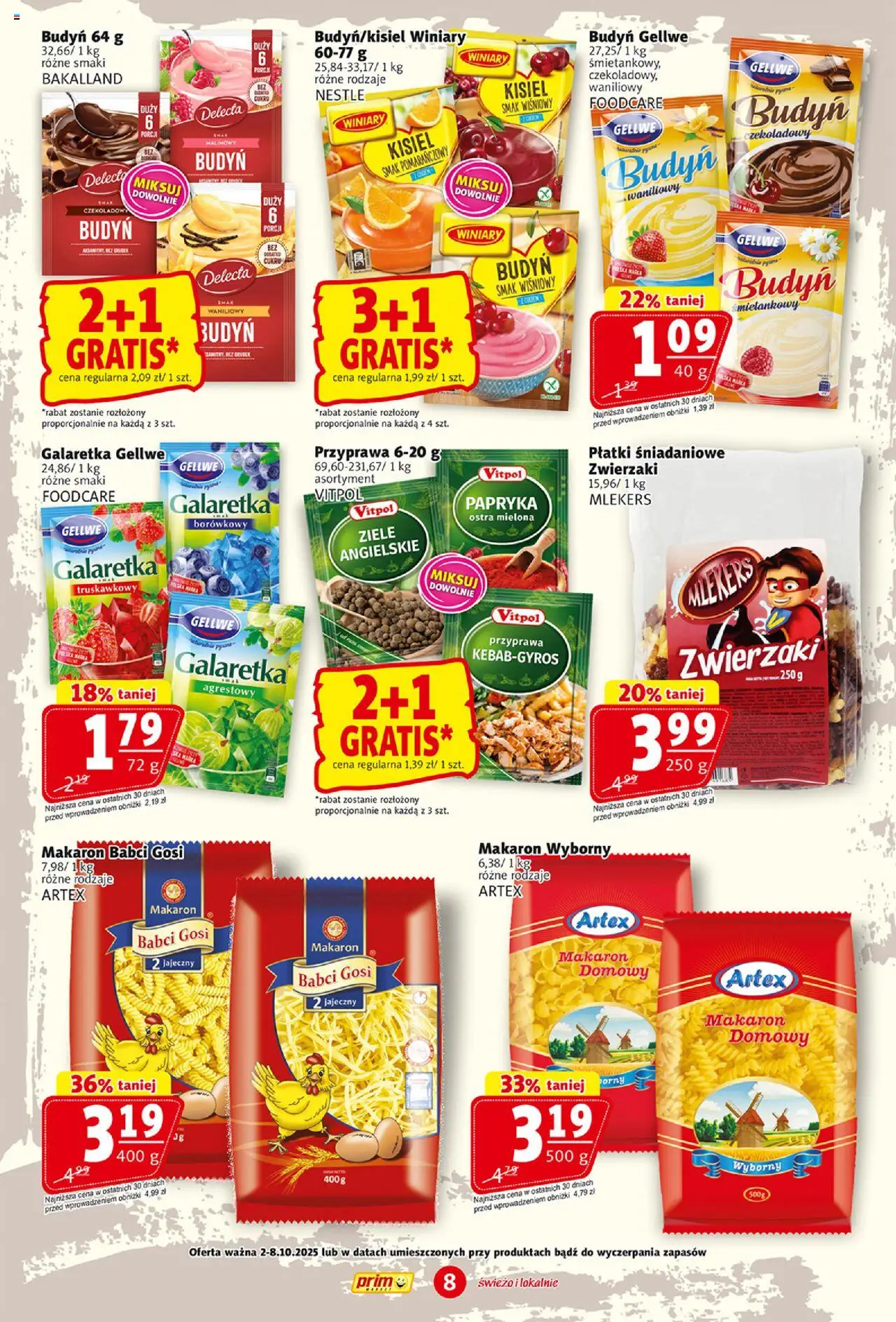 Prim Market Gazetka od 02.10.2025 | Strona: 8 | Produkty: Galaretka, Papryka, Płatki, Makaron