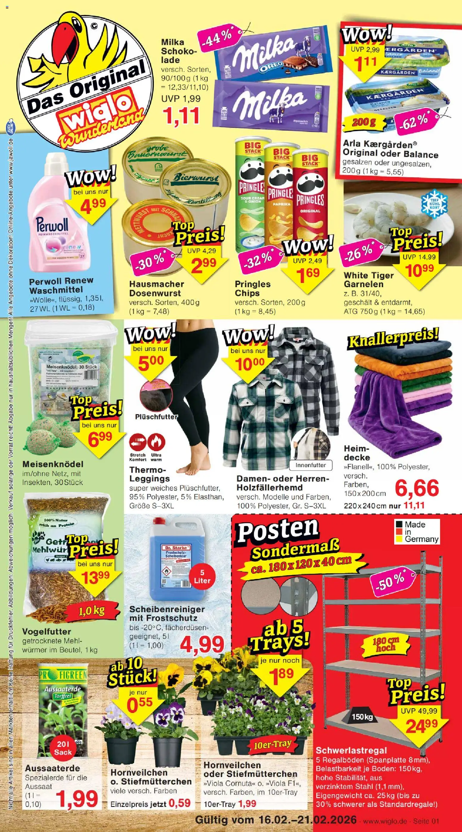 Wiglo Wunderland Prospekt – gültig ab 16.02.2026 | Seite: 1 | Produkte: Milka, Paprika, Leggings, Chips