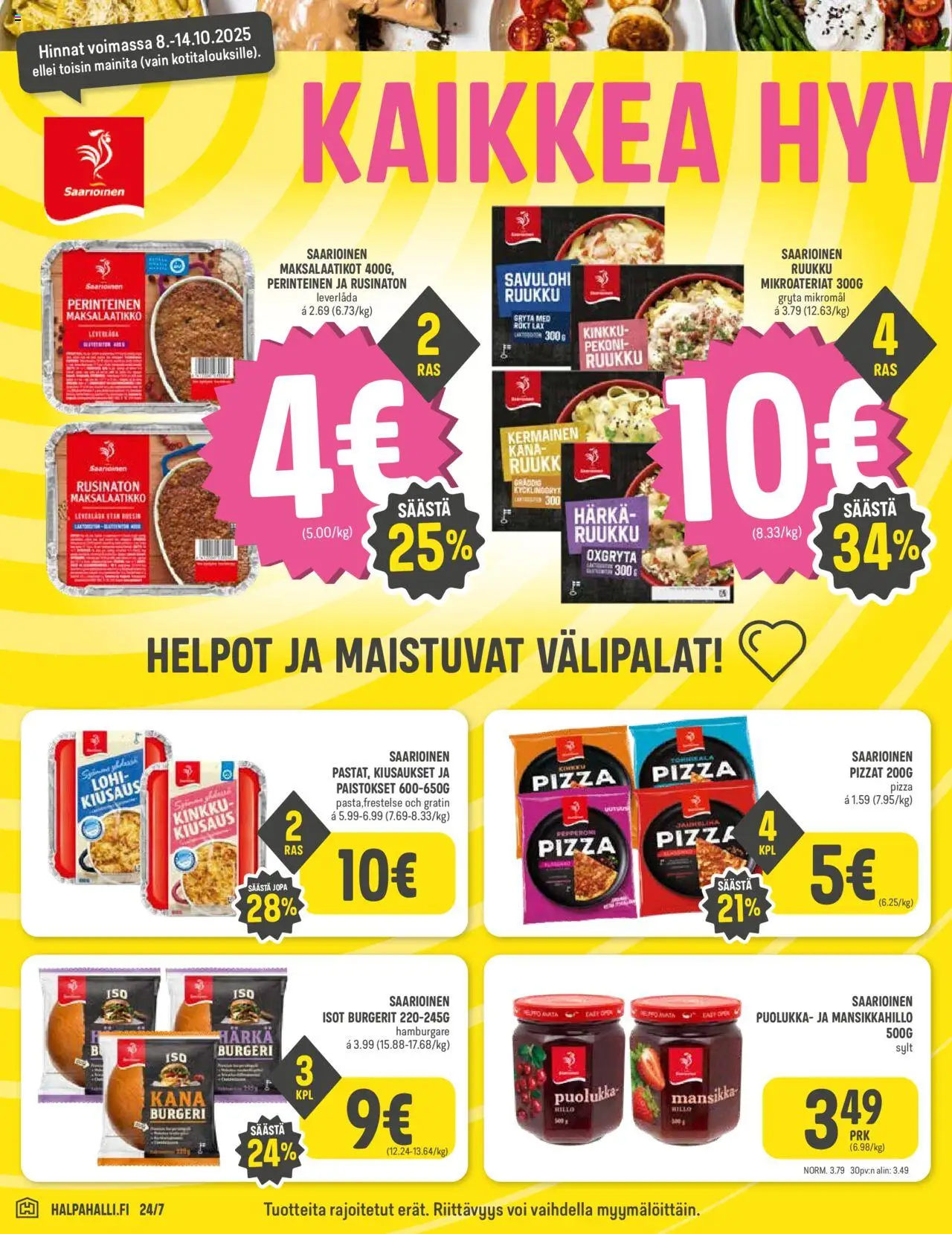 Halpa Halli tarjoukset – voimassa 08.10.2025 alkaen | Sivu: 2 | Tuotteet: Lohi, Voi, Kinkku, Pizza