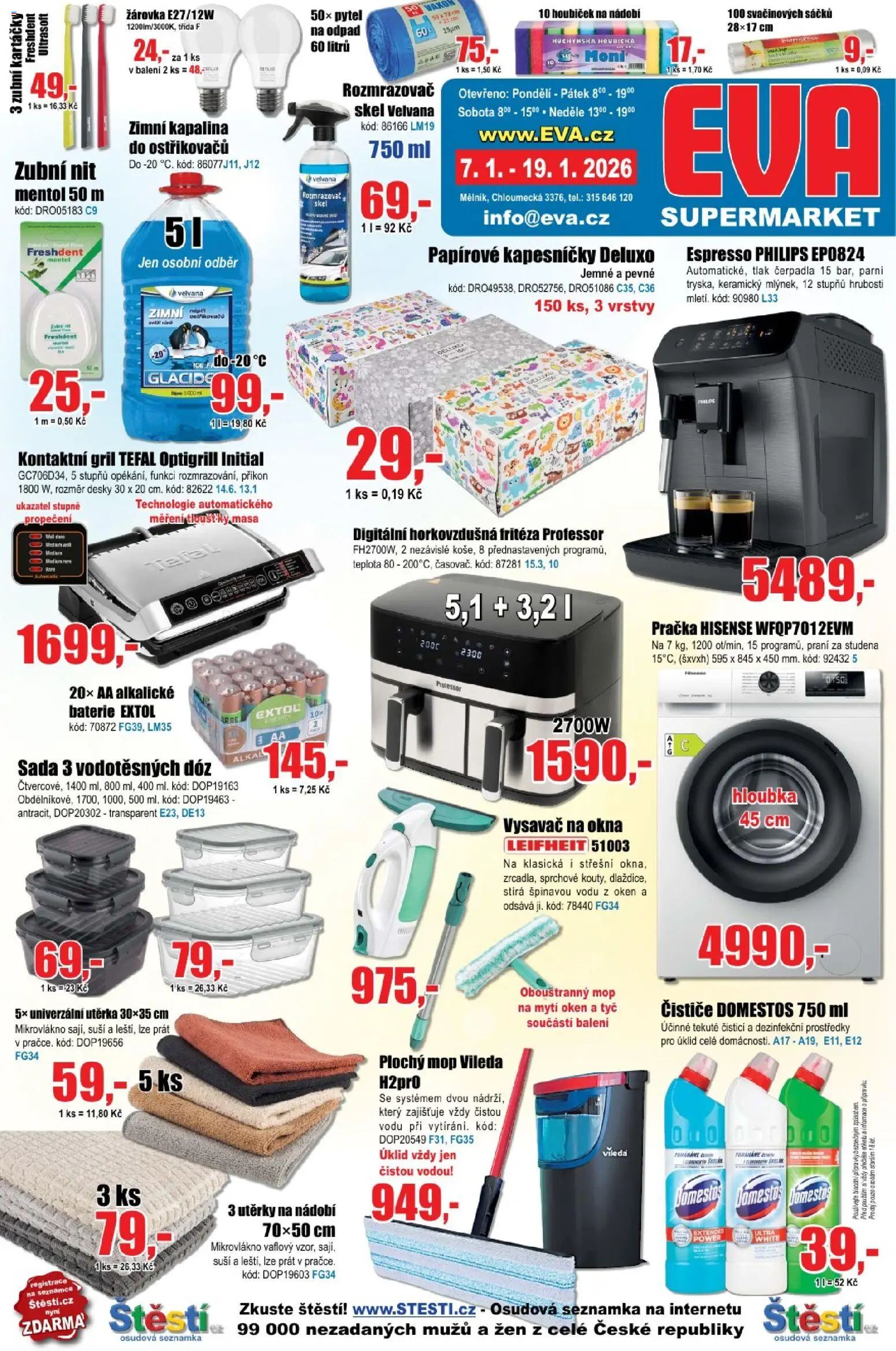 Eva supermarket leták od 07.01.2026 | Strana: 1 | Produkty: Houbička, Leifheit, Vysavač, Tefal