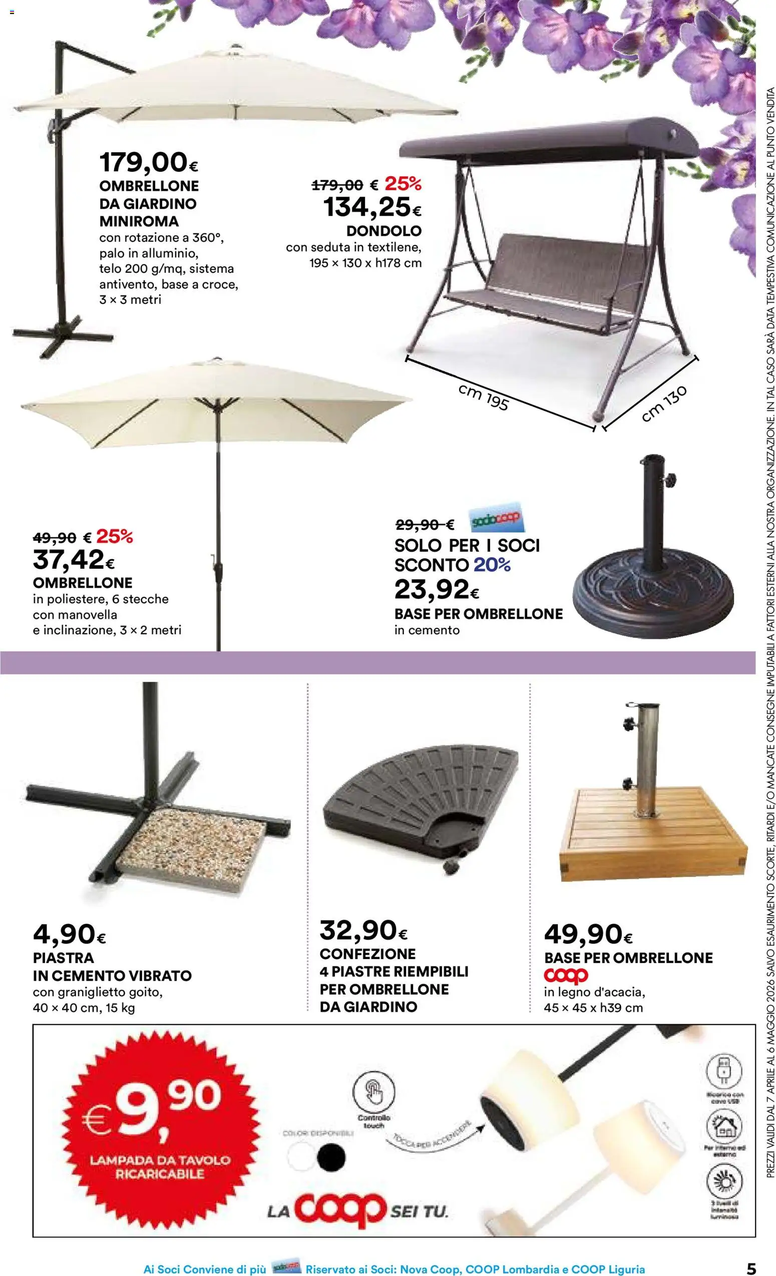 Volantino Ipercoop del 07.04.2026 | Pagina: 5 | Prodotti: Ombrellone, Data, Tavolo, Lampada
