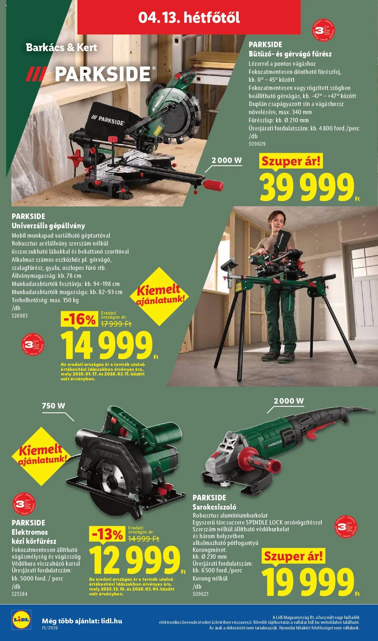 Lidl akciós ujság - amely érvényes a következő dátumtól: 09.04.2026 | Oldal: 44 | Termékek: Parkside, Kézi körfűrész, Munkapad, Körfűrész
