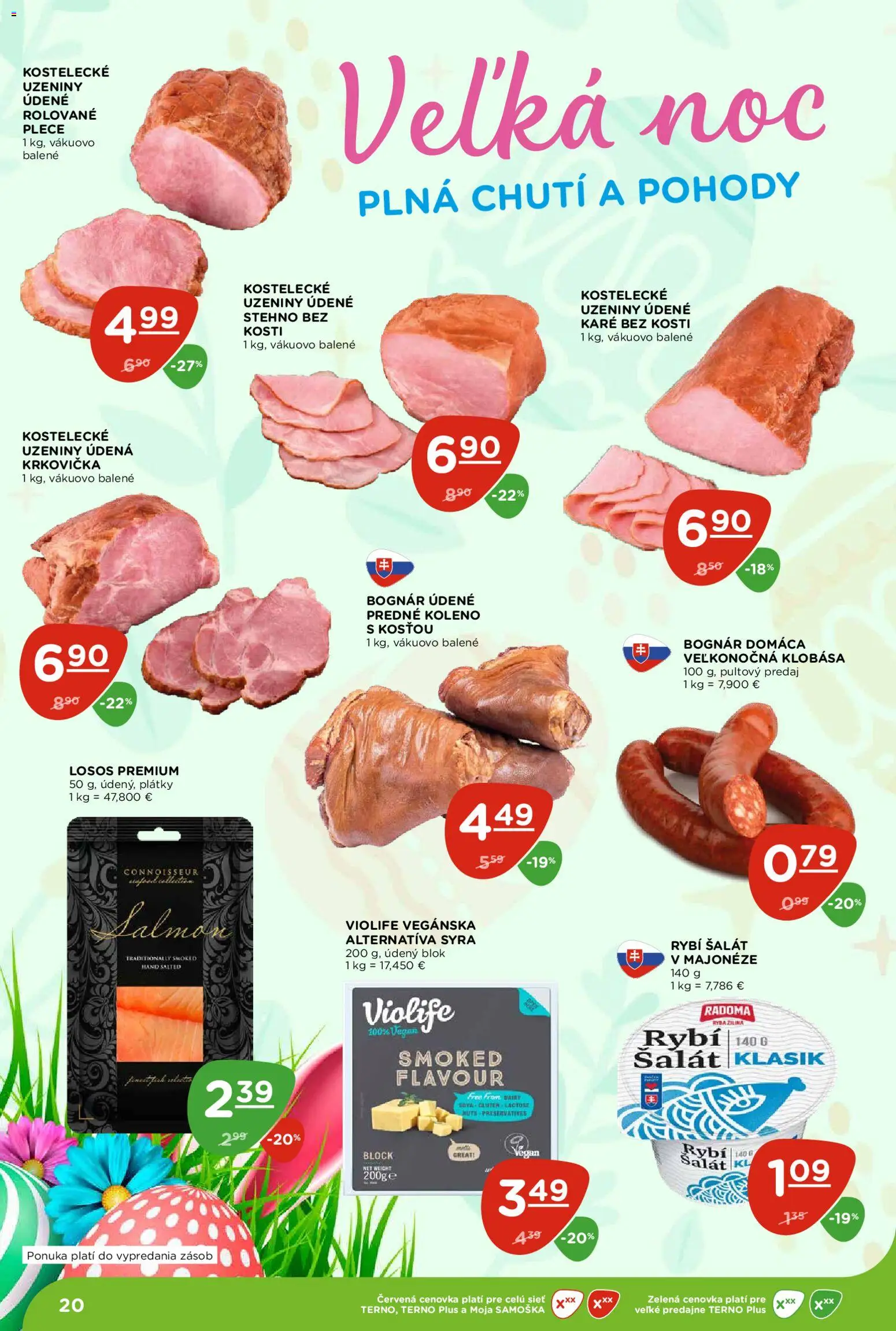 Nové Terno akcie – leták je platný od 26.03.2026 | Strana: 20 | Produkty: Ryba, Losos, Krkovička, Šalát