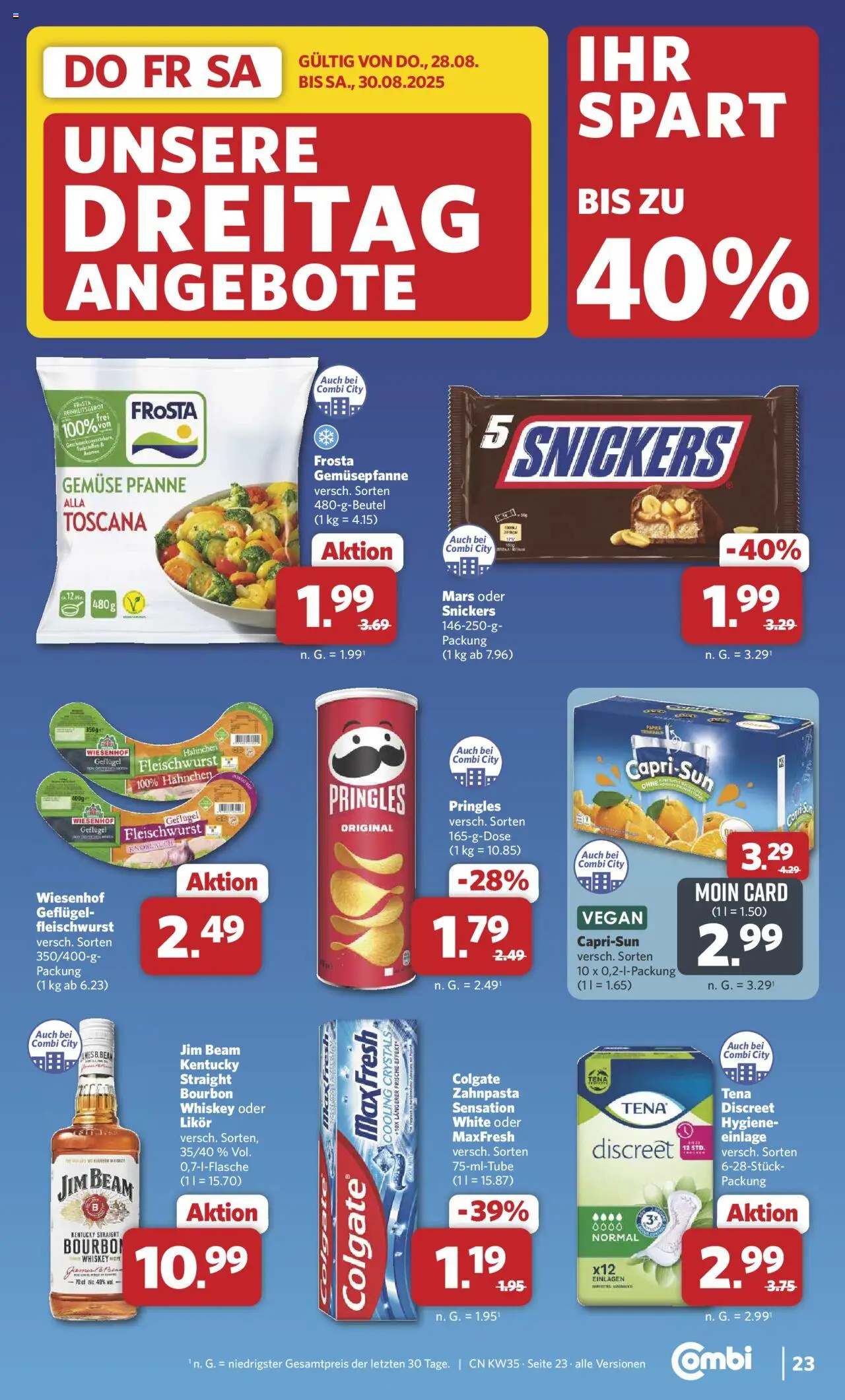 Combi Prospekt 	 - gültig ab dem 25.08.2025 | Seite: 32 | Produkte: Hahnchen, Snickers, Frosta, Zahnpasta