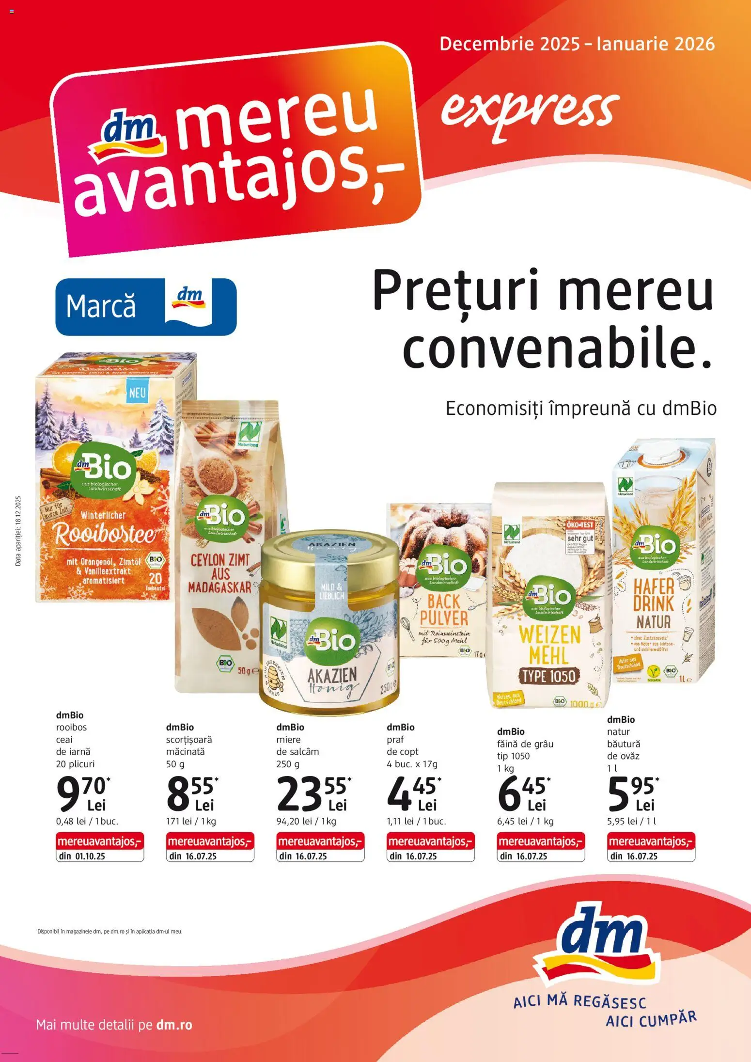 Noul catalog DM drogeriemarkt – valabil de la 18.12.2025 | Pagină: 1 | Produse: Făină, Ceai