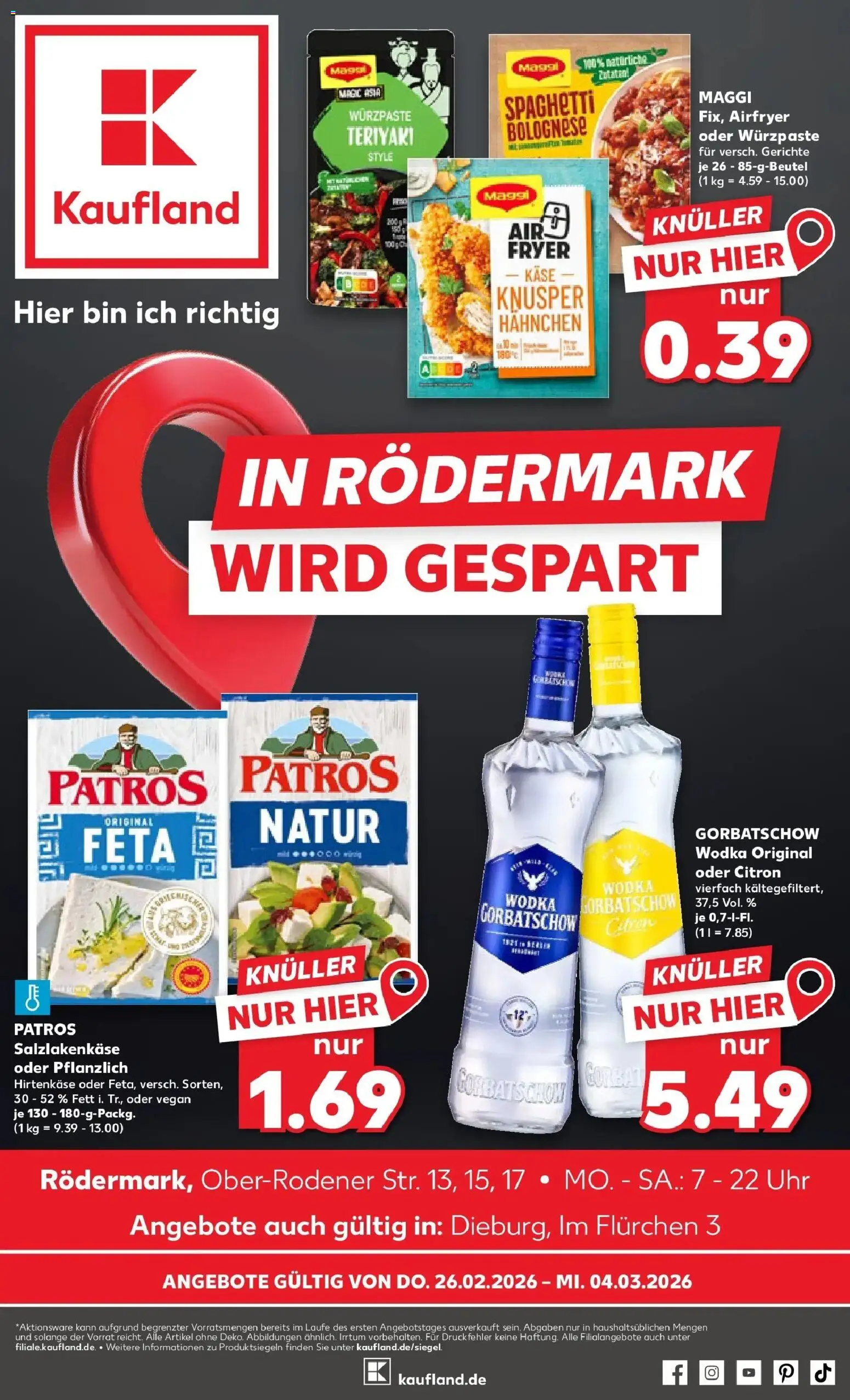 Kaufland prospekt Dieburg	 – gültig ab 26.02.2026 | Seite: 1 | Produkte: Hahnchen, Käse, Vodka, Uhr