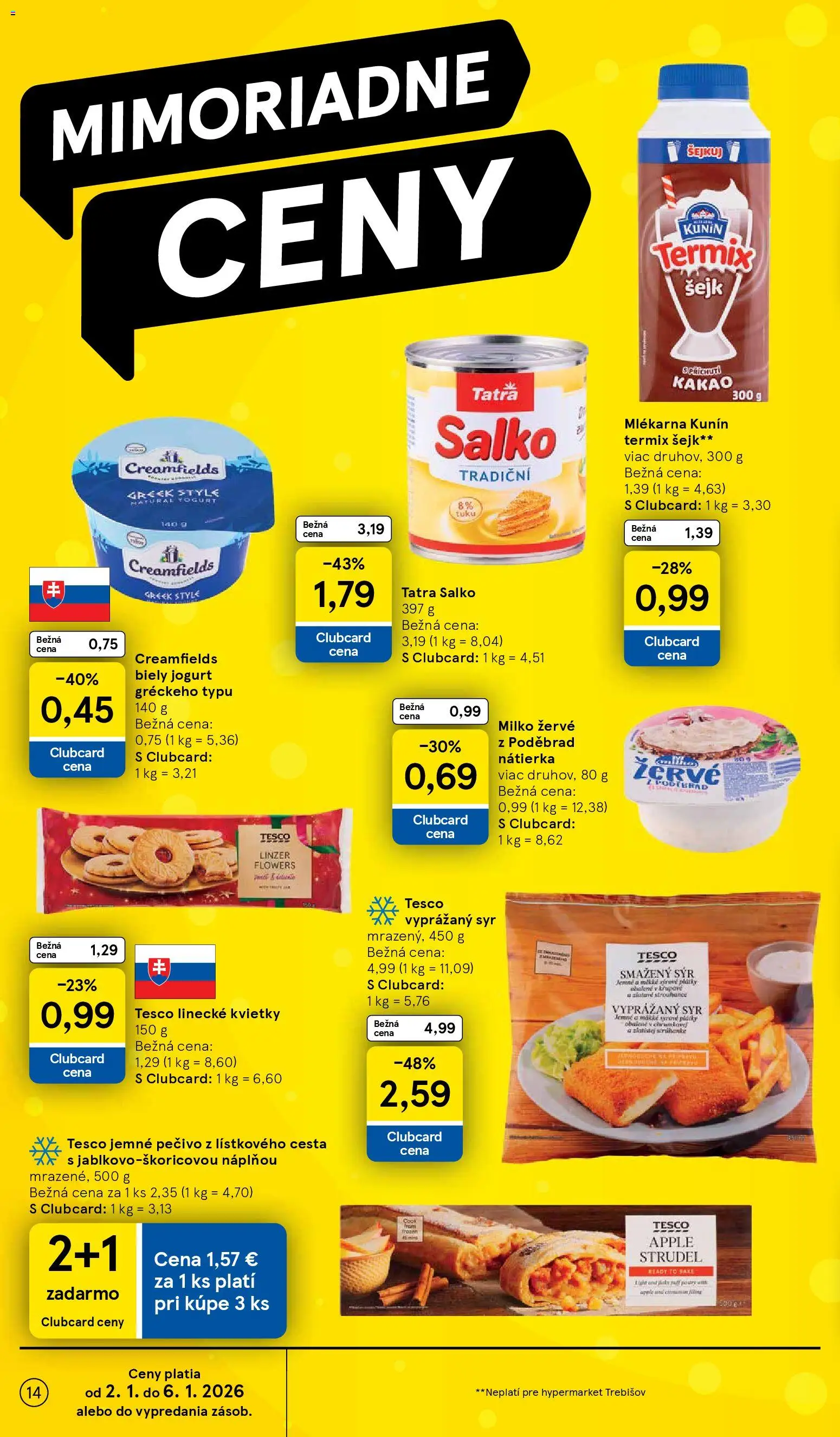 Nové Tesco akcie – leták je platný od 02.01.2026 | Strana: 14 | Produkty: Syr, Jogurt, Biely jogurt, Kakao