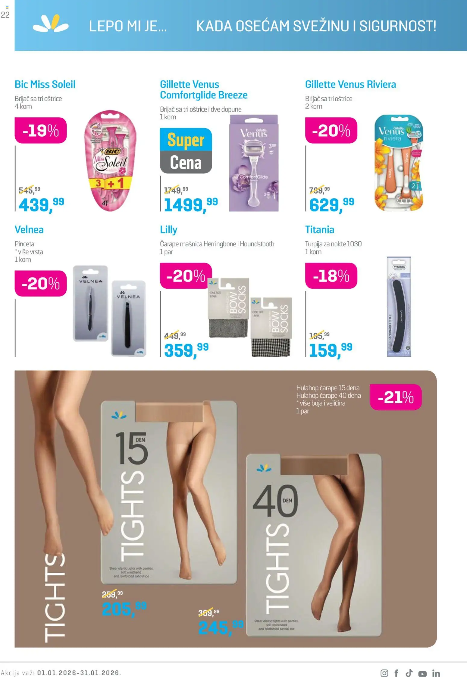 Lilly drogerie katalog - važi od 01.01.2026 | Strana: 22 | Proizvode: Gillette, Brijač, Turpija za nokte, Čarape