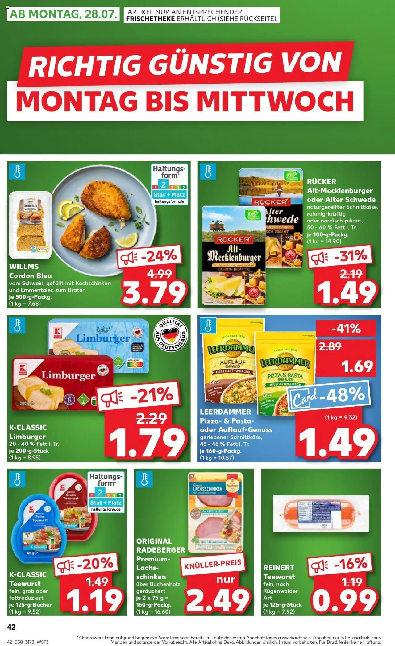 Kaufland prospekt Zwickau	 - gültig ab dem 24.07.2025 | Seite: 42 | Produkte: Leerdammer, Lachs, Pasta, Pizza