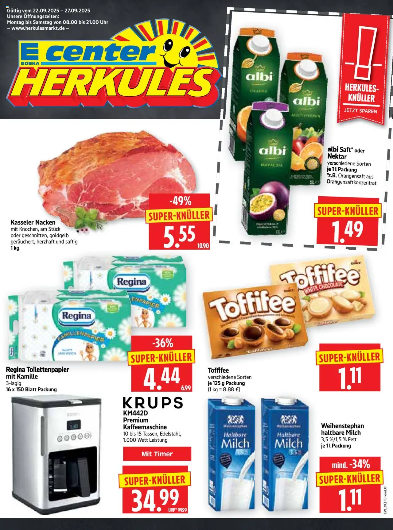 HERKULES Prospekt 	 – gültig ab 22.09.2025 | Seite: 1 | Produkte: Milch, Orangensaft, Kasseler nacken, Toffifee