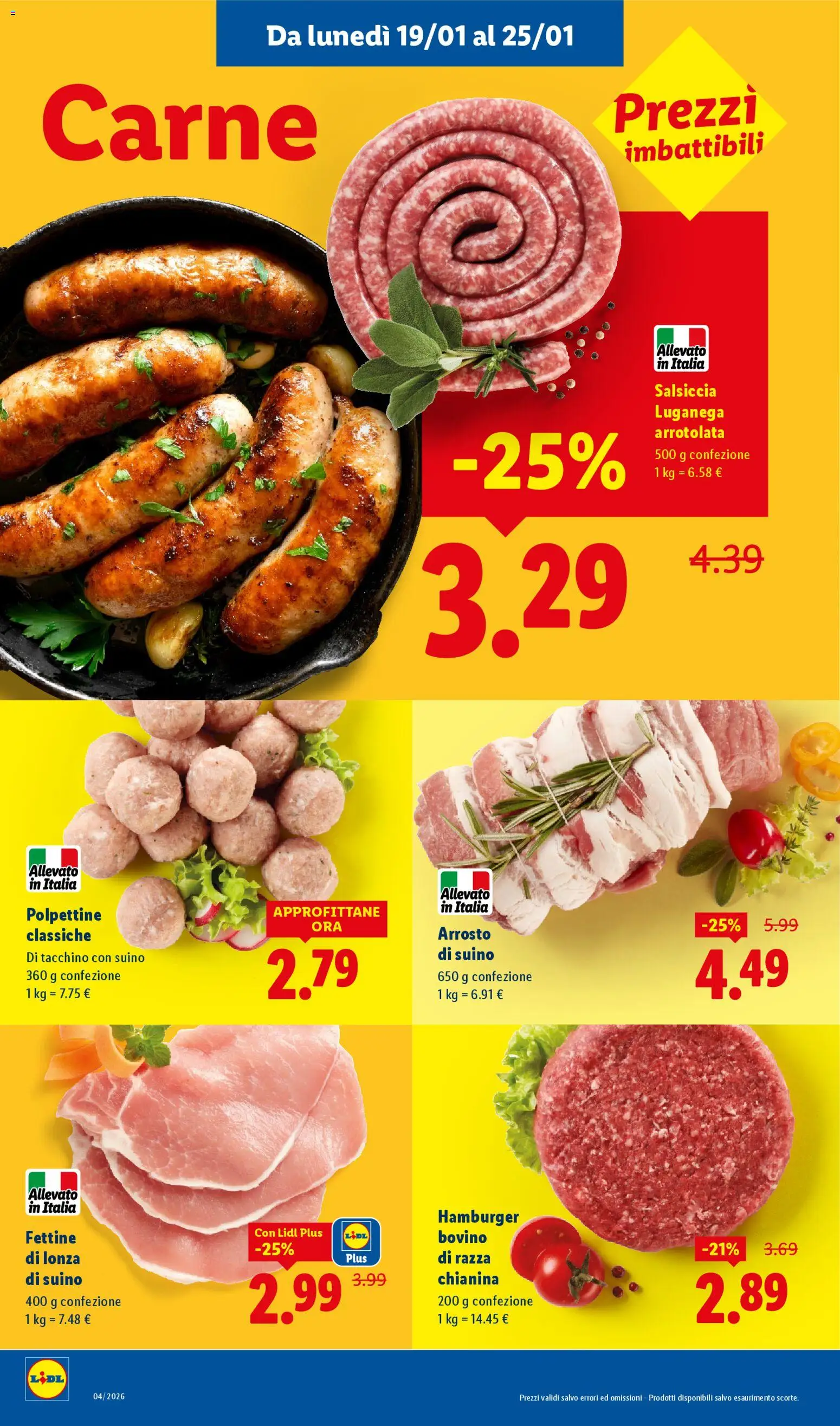 Volantino Lidl del 19.01.2026 | Pagina: 4 | Prodotti: Bovino, Tacchino, Salsiccia, Hamburger