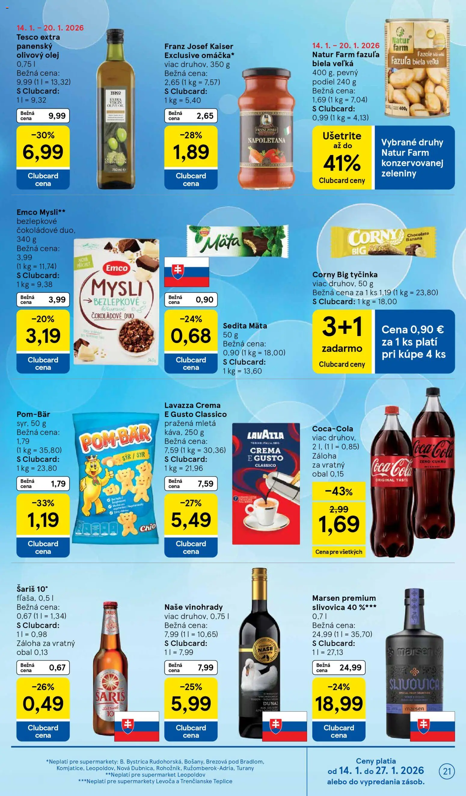 Nové Tesco akcie – leták je platný od 14.01.2026 | Strana: 21 | Produkty: Olej, Lavazza, Olivový olej, Coca cola