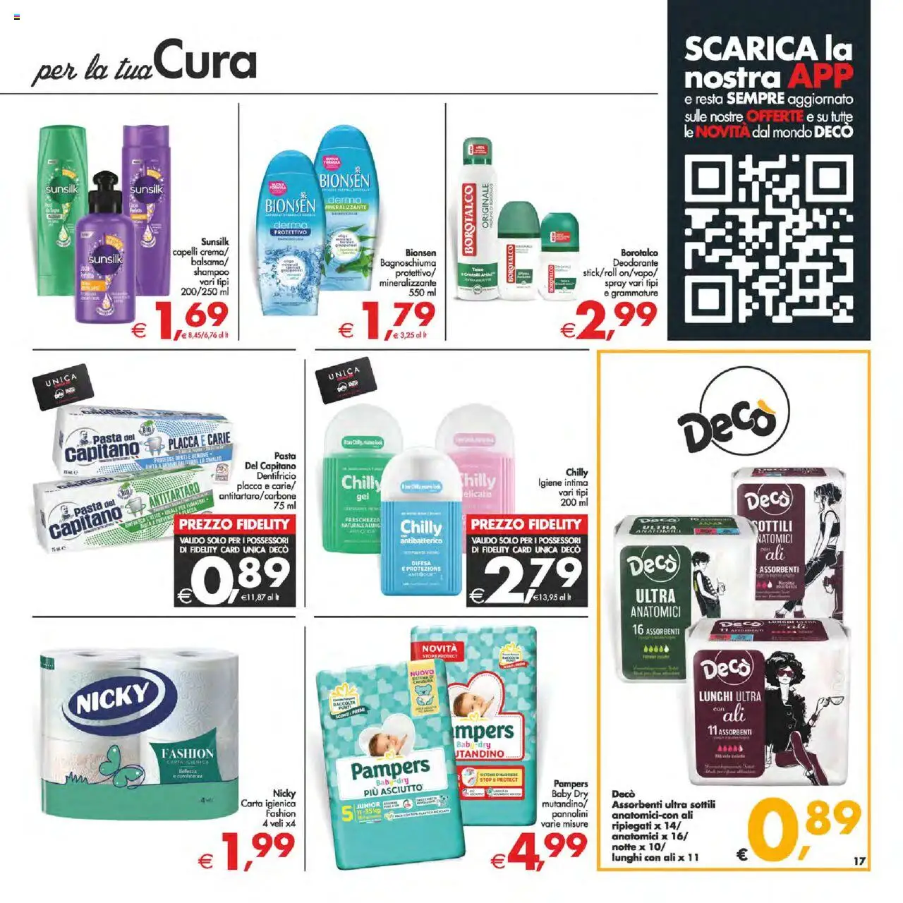 Volantino Decò del 12.08.2025 | Pagina: 17 | Prodotti: Carta igienica, Deodorante, Pasta, Pampers