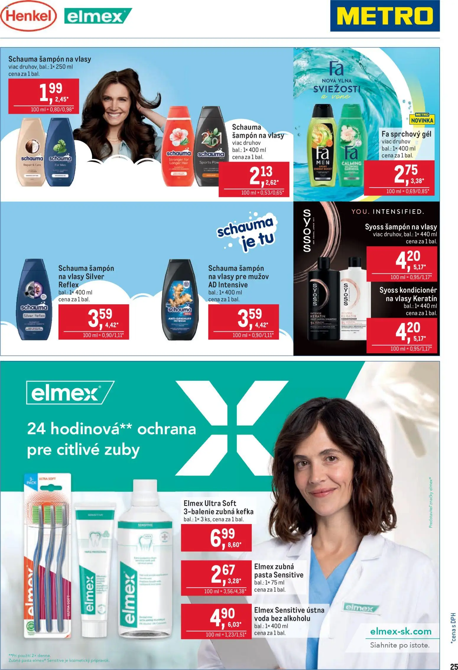 Nové Metro akcie – leták je platný od 05.11.2025 | Strana: 25 | Produkty: Zubná kefka, Šampón, Zubná pasta, Voda