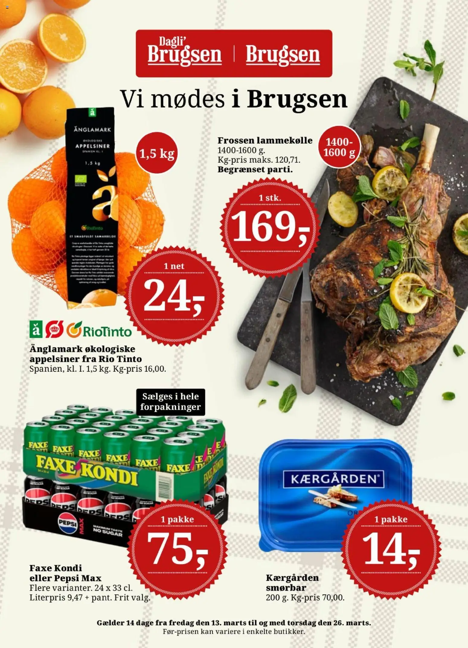 Dagli'Brugsen tilbudsavis – gyldig fra 13.03.2026 | Side: 1 | Produkter: Appelsiner, Lammekølle, Pepsi, Pepsi Max