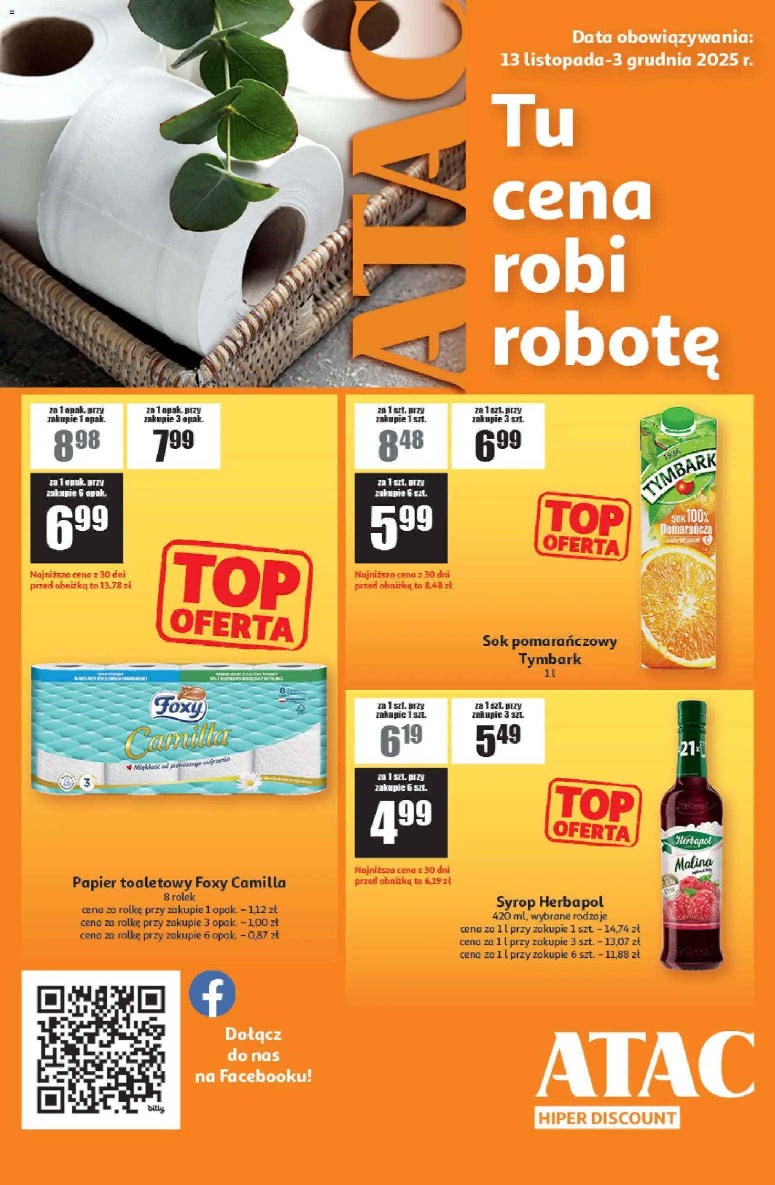 Auchan Gazetka - ATAC Hiper Discount od 13.11.2025 | Strona: 1 | Produkty: Malina, Sok pomarańczowy, Papier toaletowy, Sok