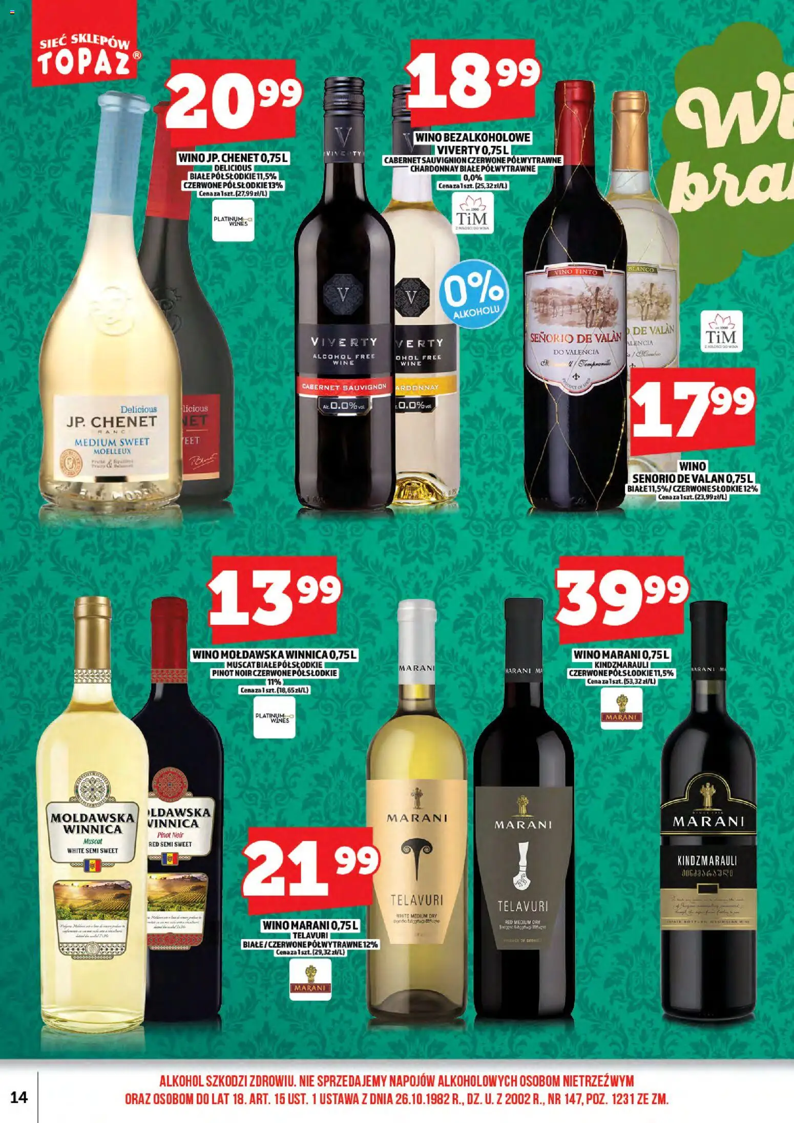Topaz Gazetka alkoholowa od 01.01.2026 | Strona: 16 | Produkty: Wino bezalkoholowe, Chardonnay, Wino, Alkohol