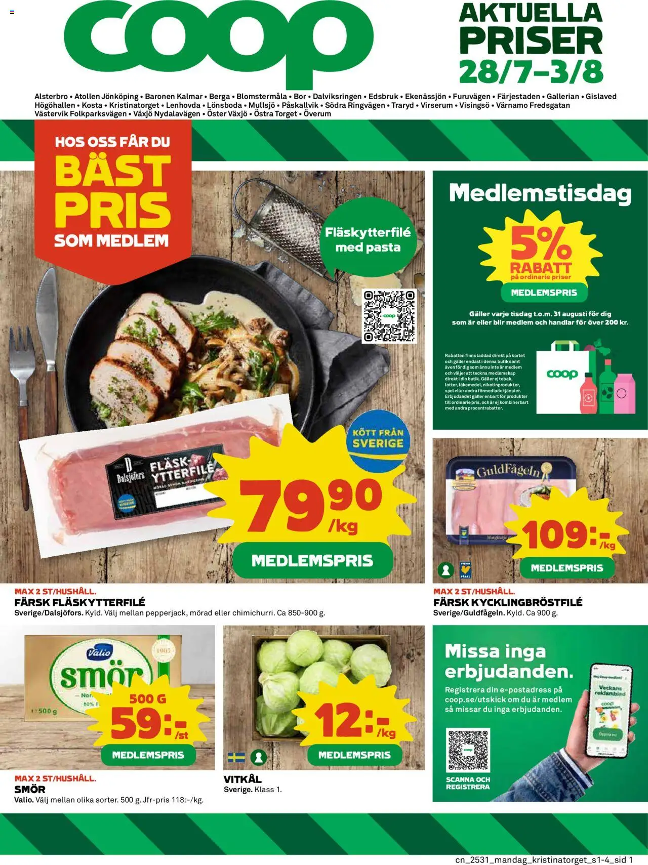 Coop reklamblad aktuell från 28.07.2025 | Sida: 1 | Produkter: Fläskytterfilé, Vitkål, Smör, Spel