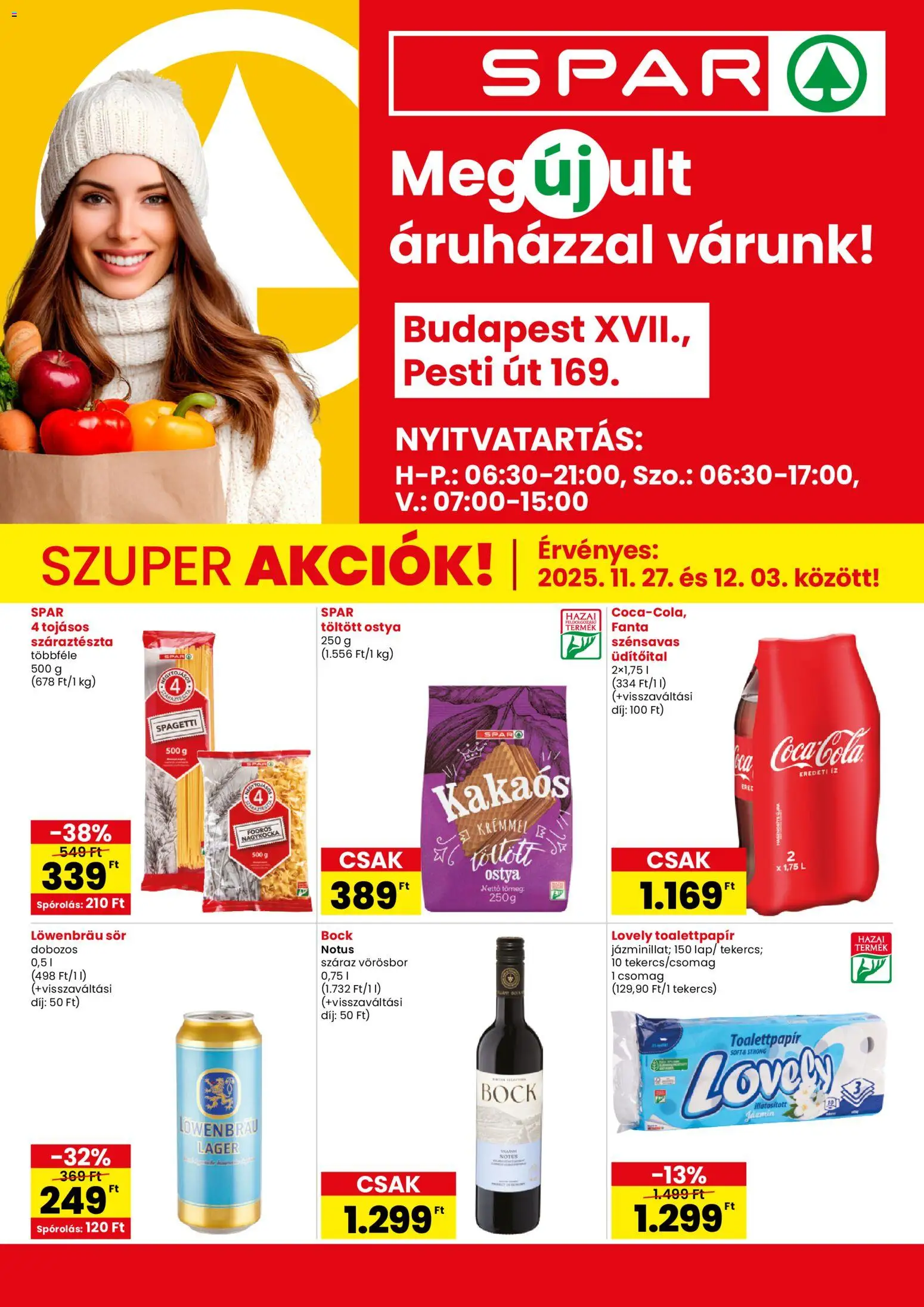 Spar akciós ujság - amely érvényes a következő dátumtól: 27.11.2025 | Oldal: 1 | Termékek: Spagetti, Fanta, Vörösbor, Száraztészta