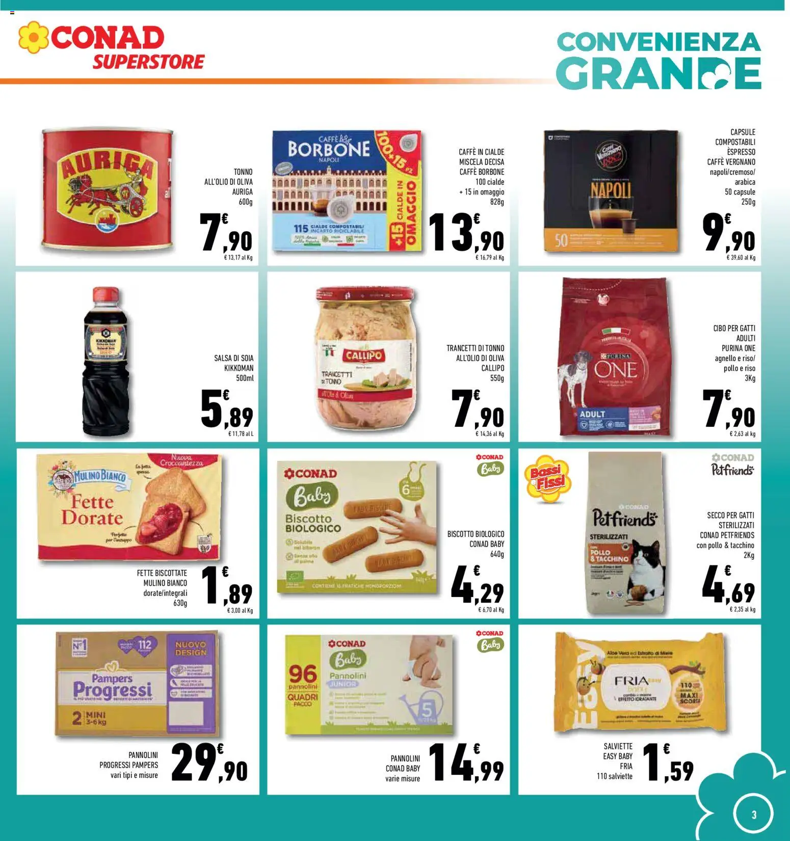 Volantino Conad del 14.01.2026 | Pagina: 3 | Prodotti: Pannolini, Riso, Olive, Caffè in cialde
